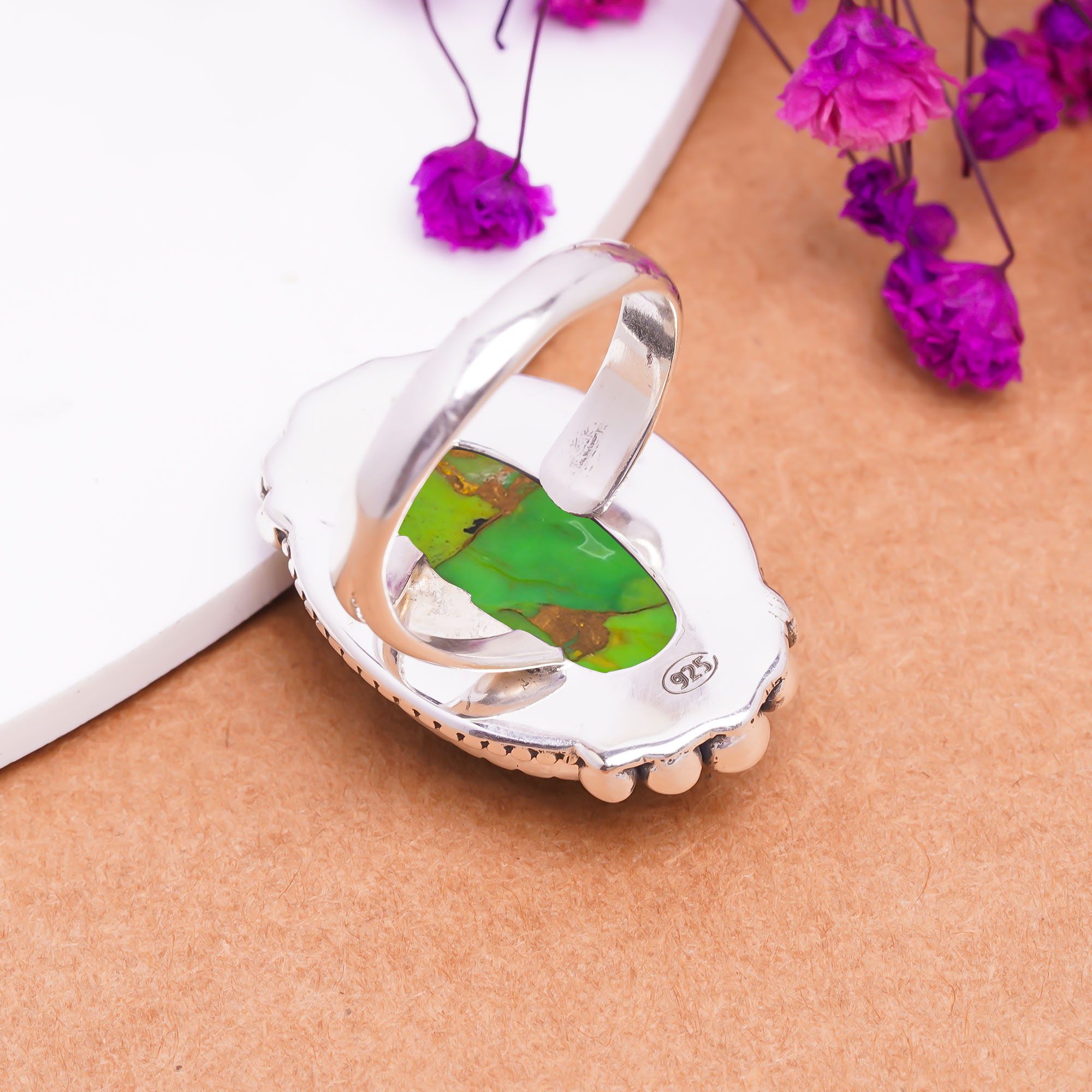 Copper Green Turquoise Gemstone 925 Sterling Silver Ring
