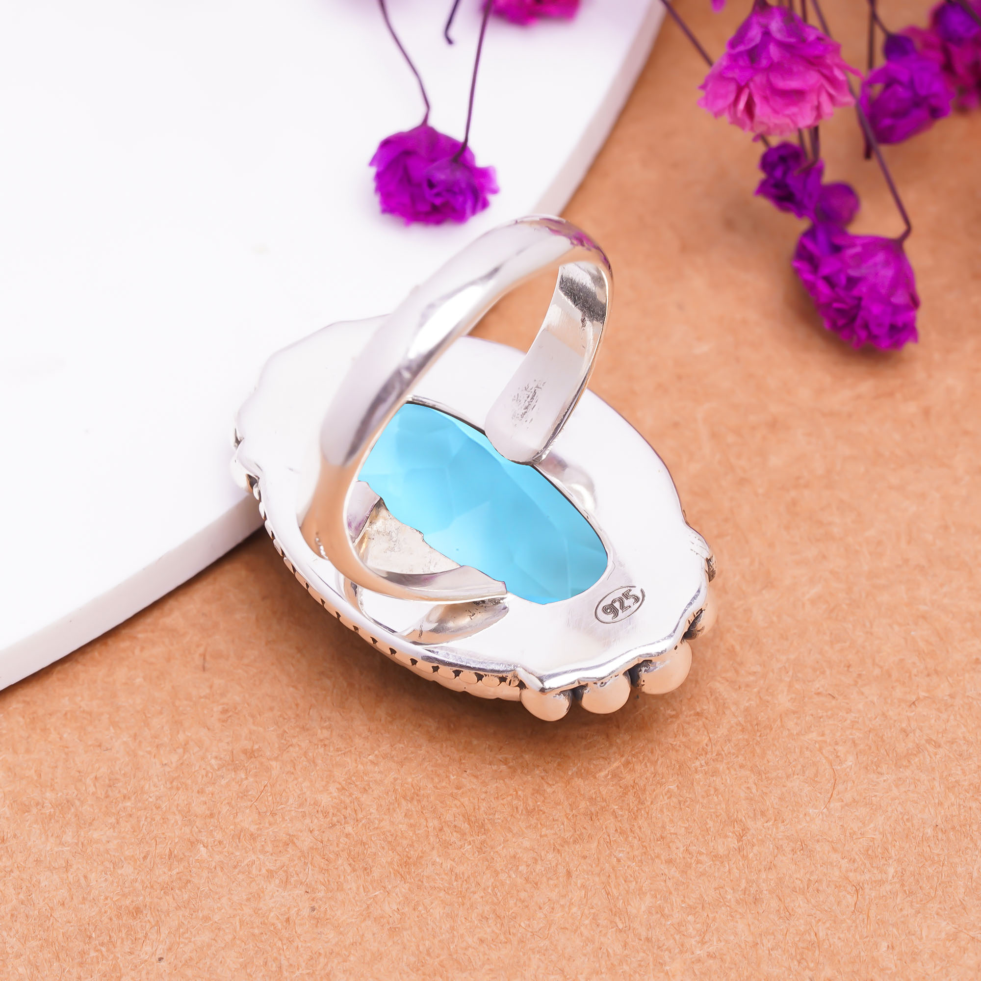 Blue Topaz - Simulated Gemstone 925 Sterling Silver Ring