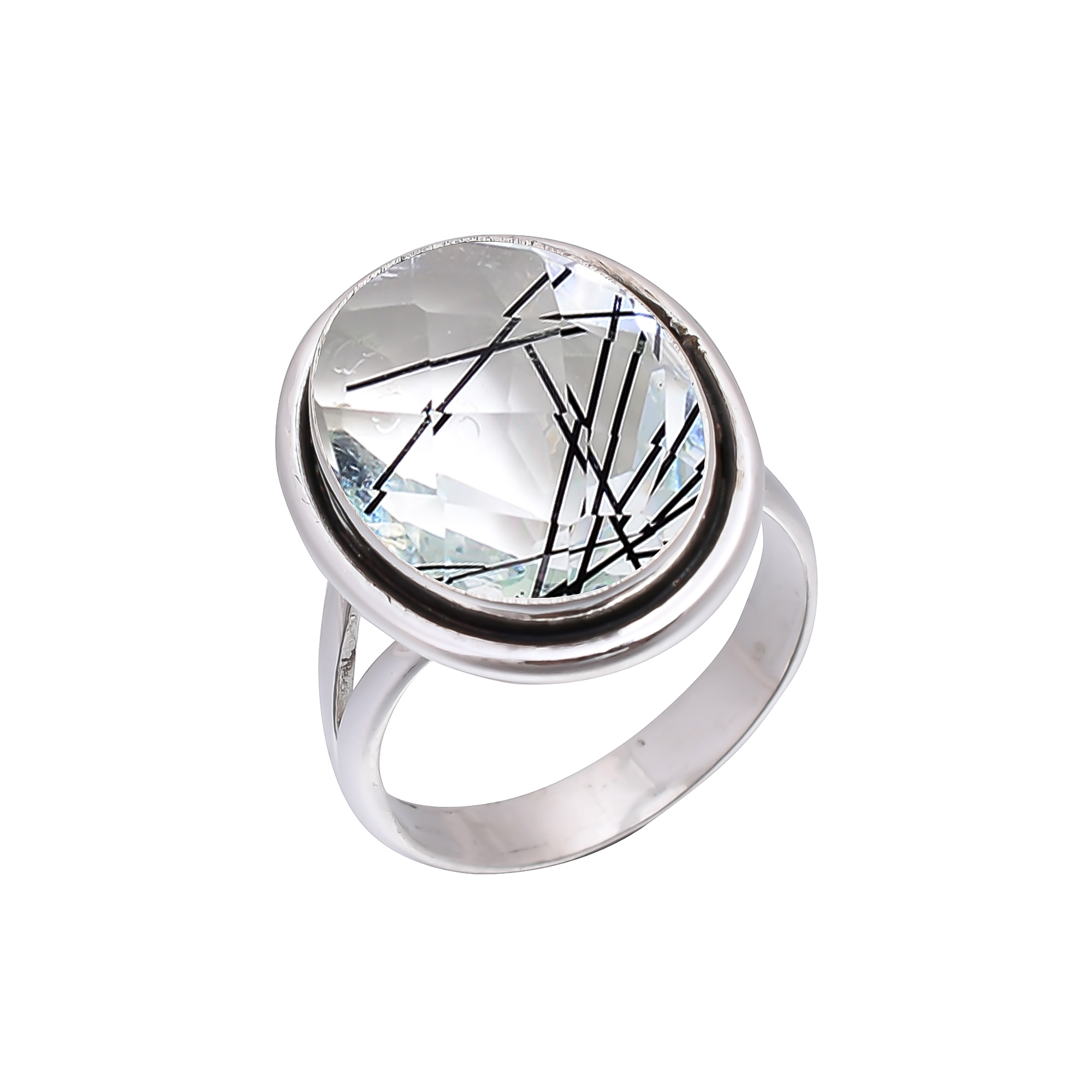 Black Rutilated Quartz - Simulated 925 Sterling Silver Ring