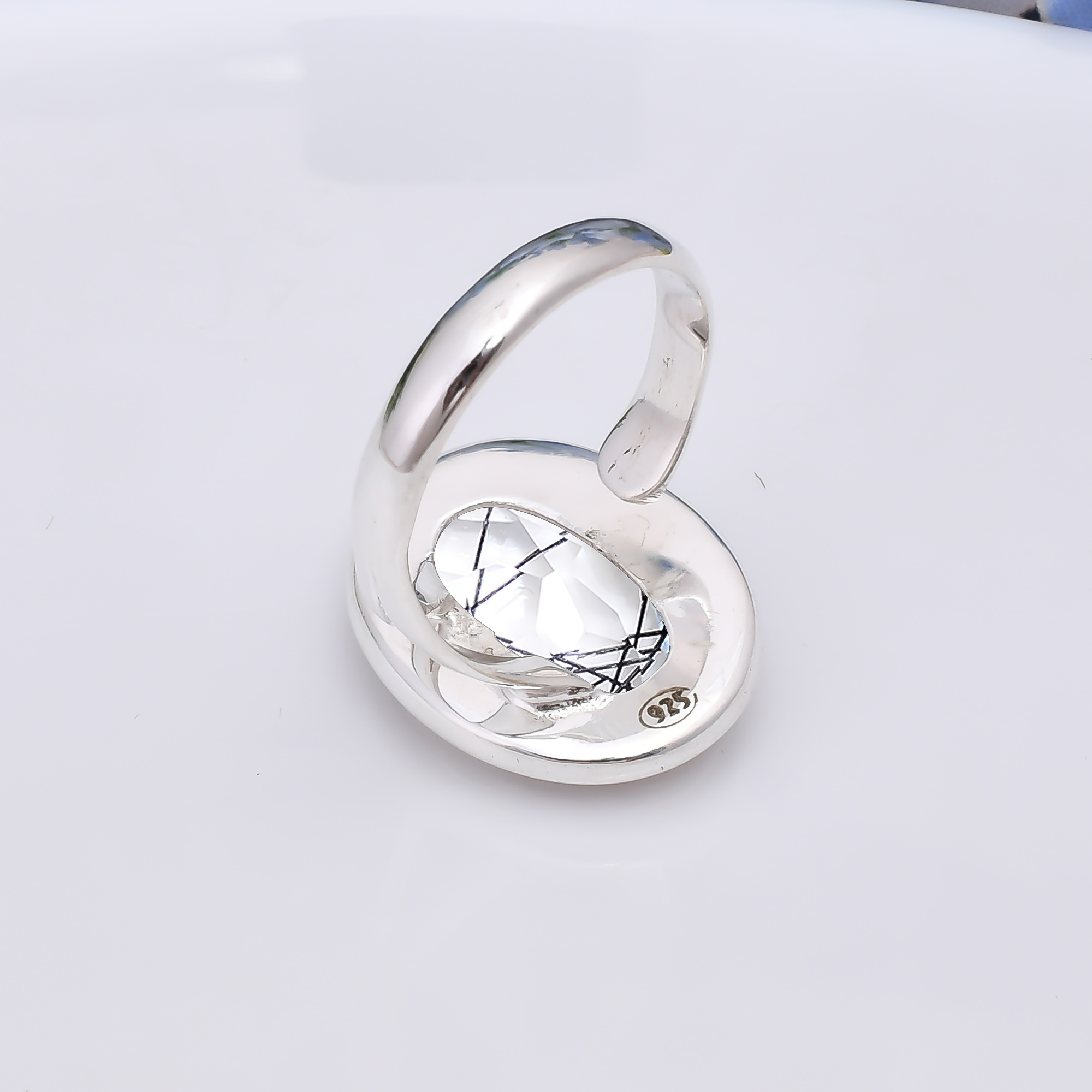 Black Rutilated Quartz - Simulated 925 Sterling Silver Ring
