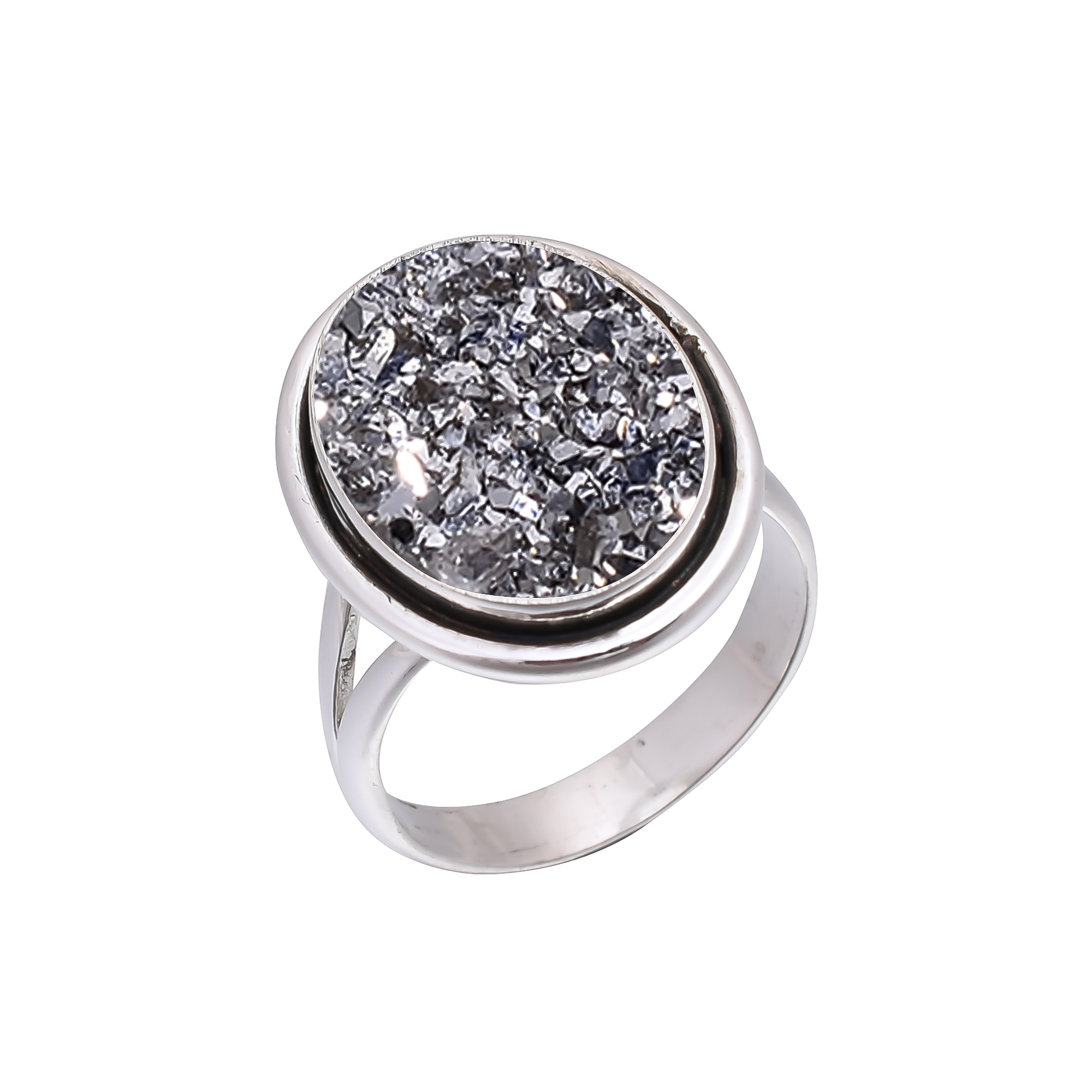 Silver Titanium Agate Drusy 925 Sterling Silver Ring