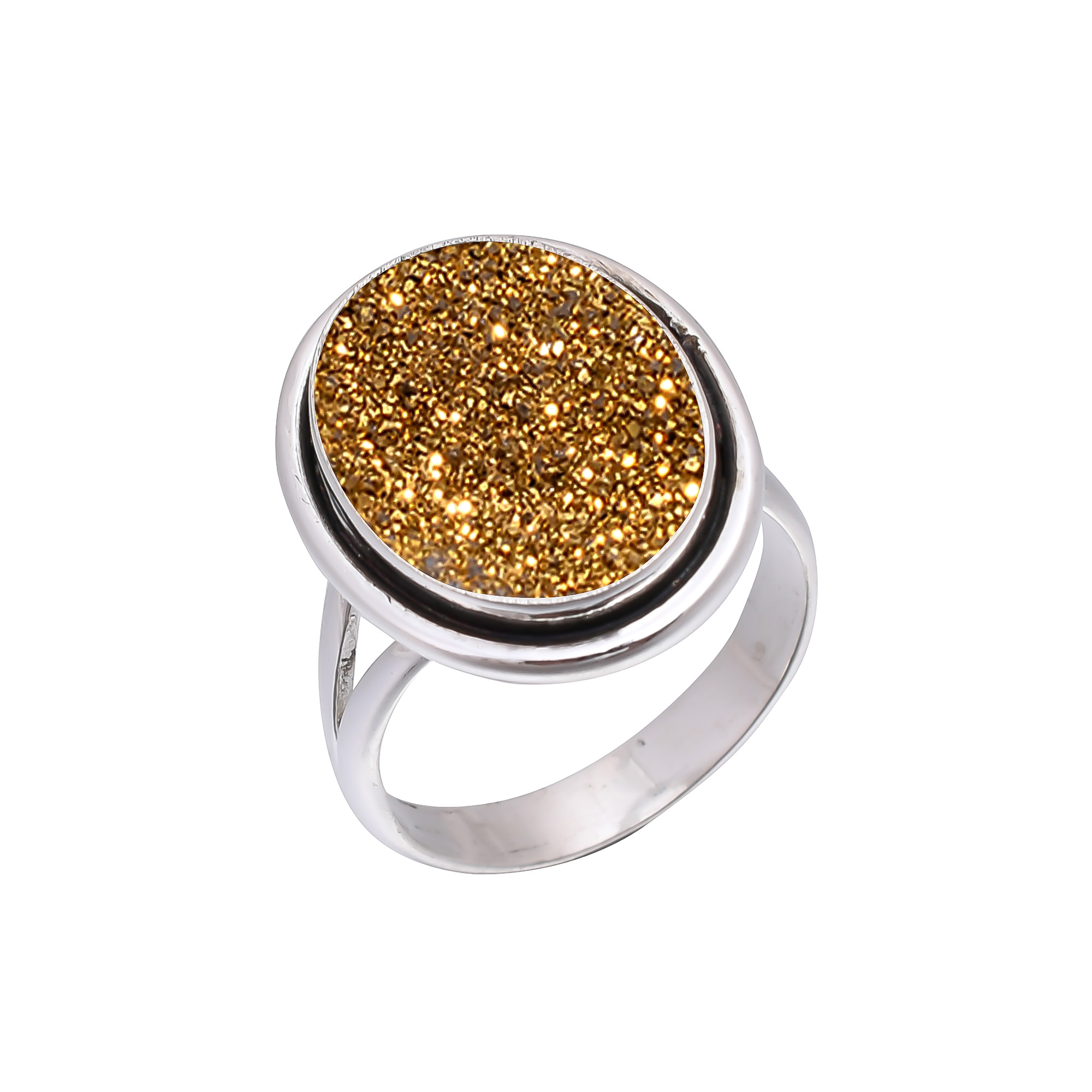 Golden Titanium Agate Drusy 925 Sterling Silver Ring