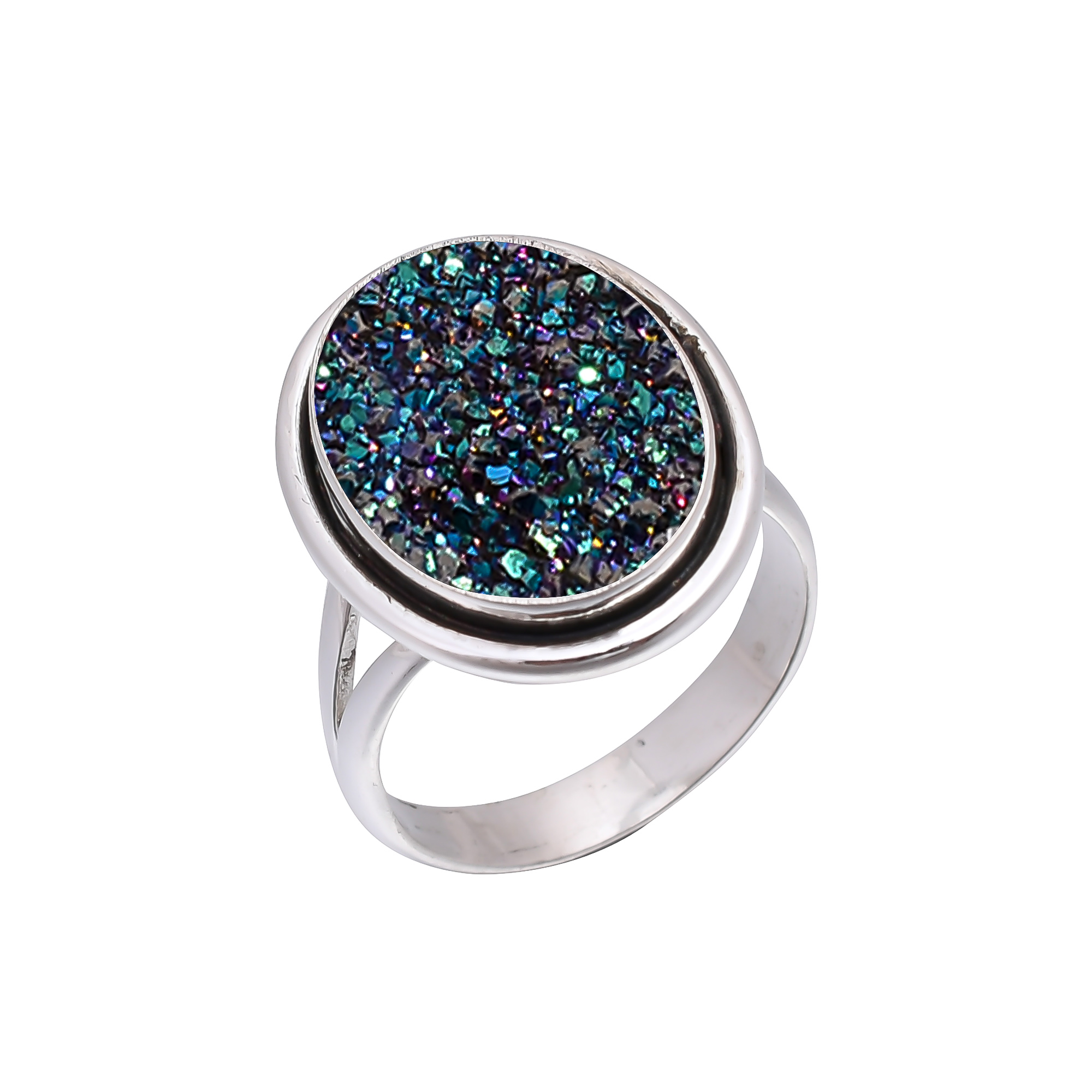 Electric Blue Titanium Agate Drusy 925 Sterling Silver Ring