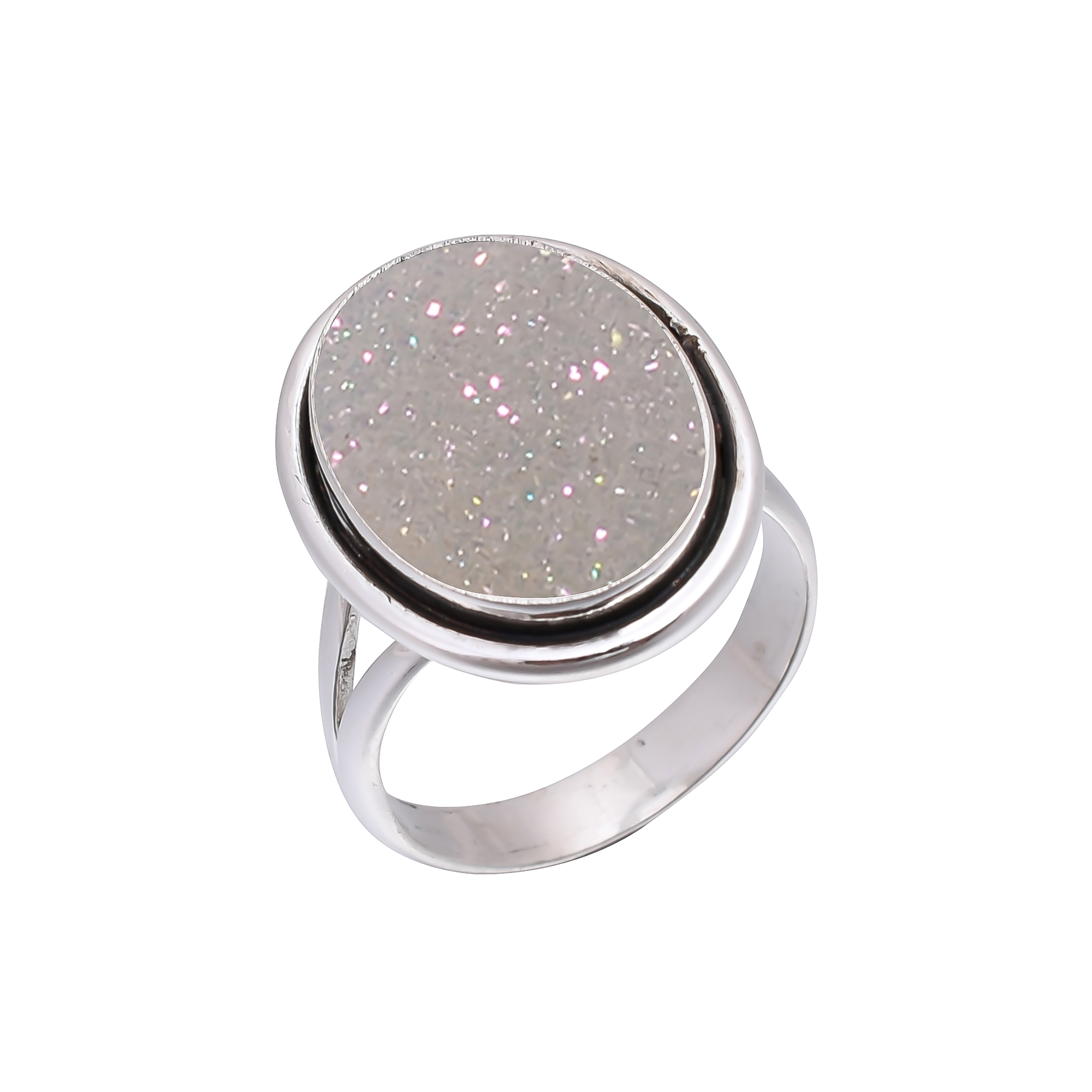 Snow White Titanium Agate Drusy 925 Sterling Silver Ring
