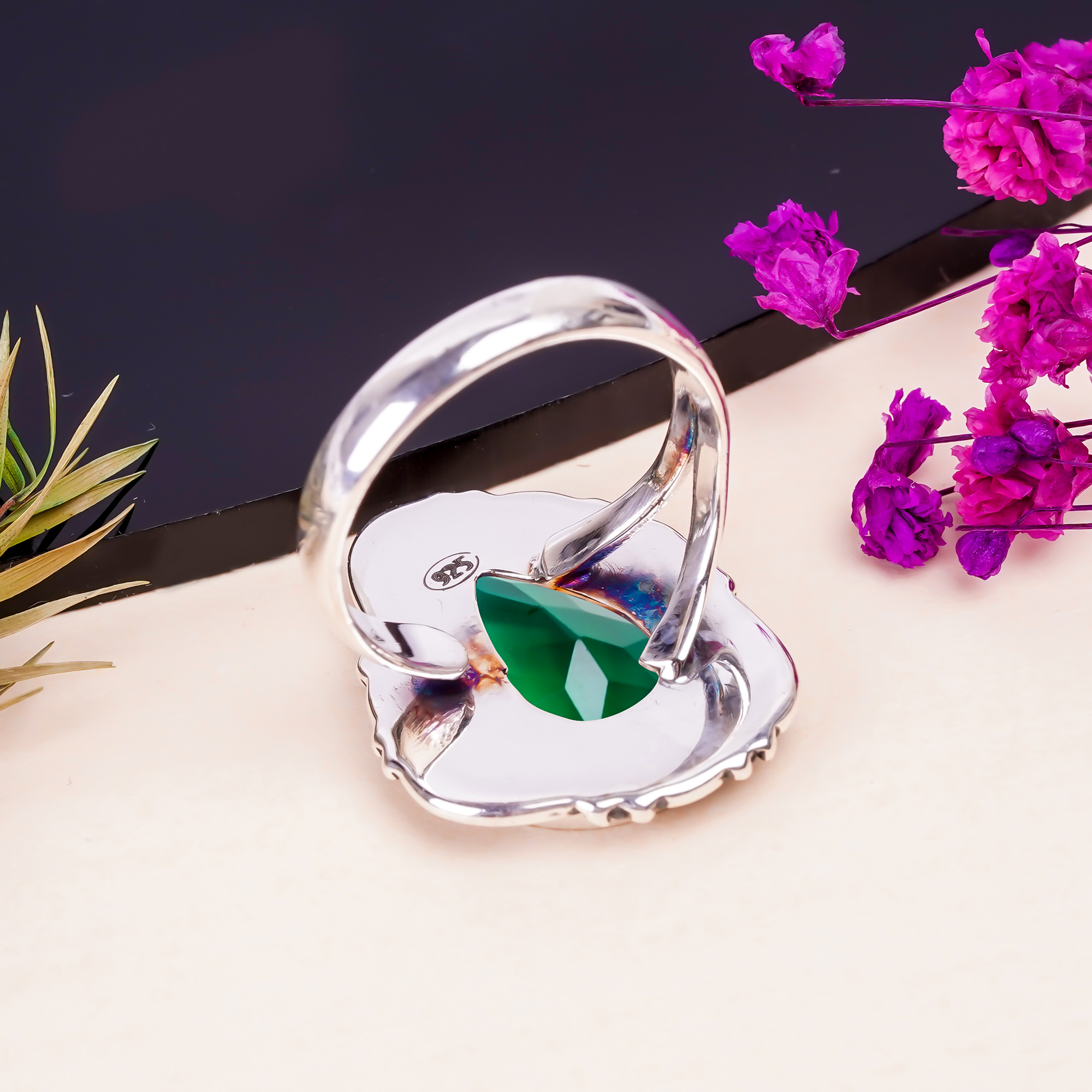 Chrome Diopside - Simulated Gemstone 925 Sterling Silver Ring
