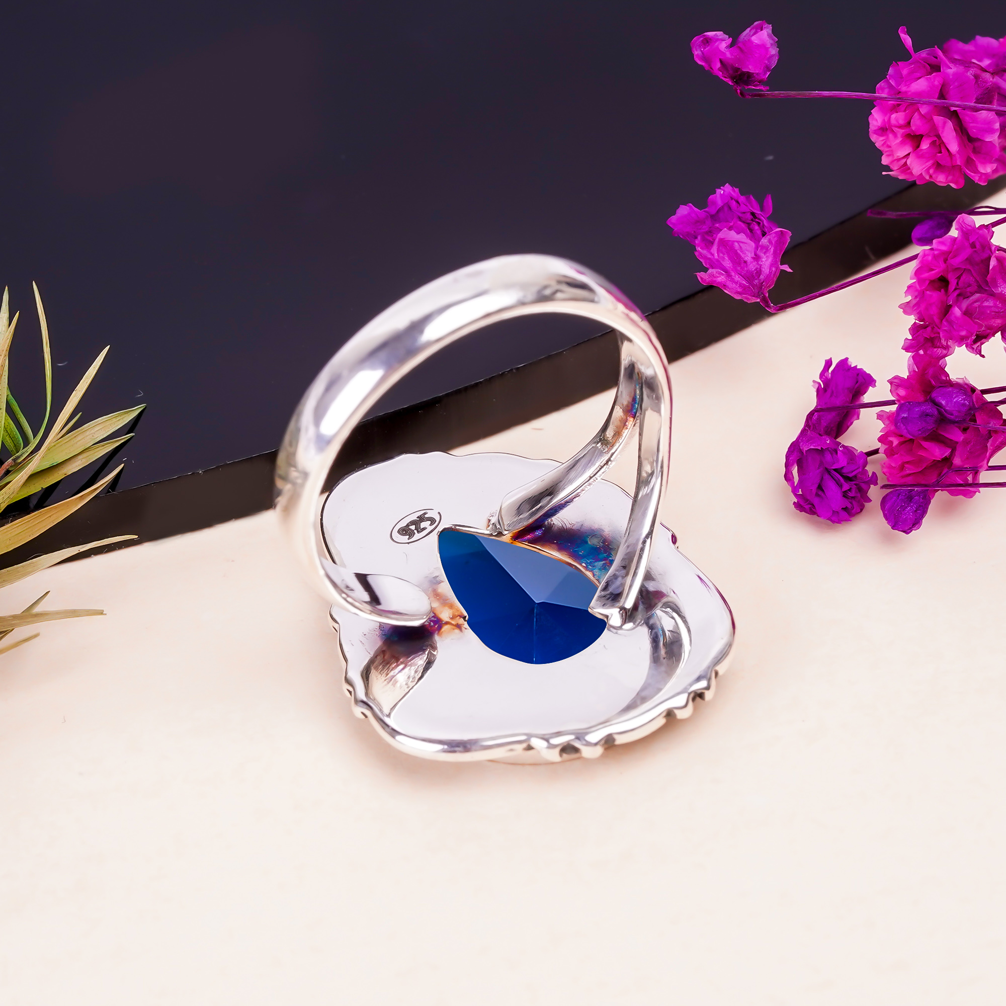 Blue Sapphire - Simulated Gemstone 925 Sterling Silver Ring