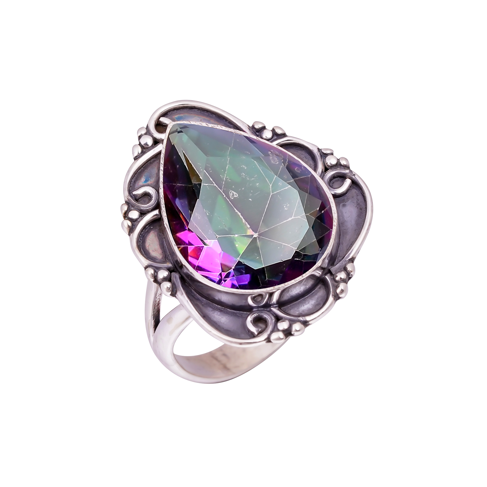 Rainbow Mystic Fire Topaz - Simulated Gemstone 925 Sterling Silver Ring
