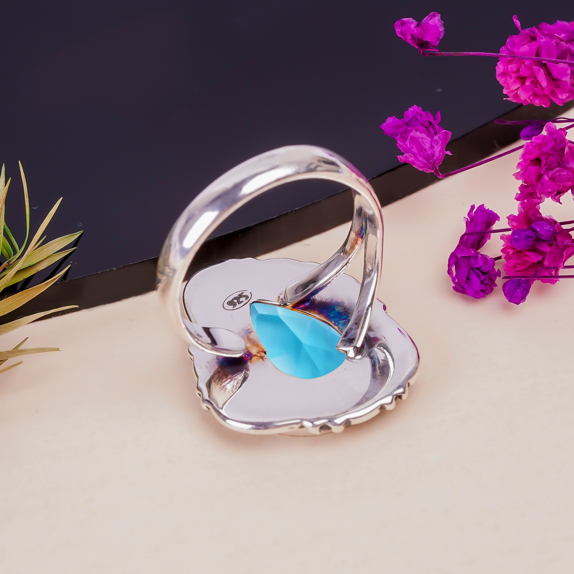 Blue Topaz - Simulated Gemstone 925 Sterling Silver Ring