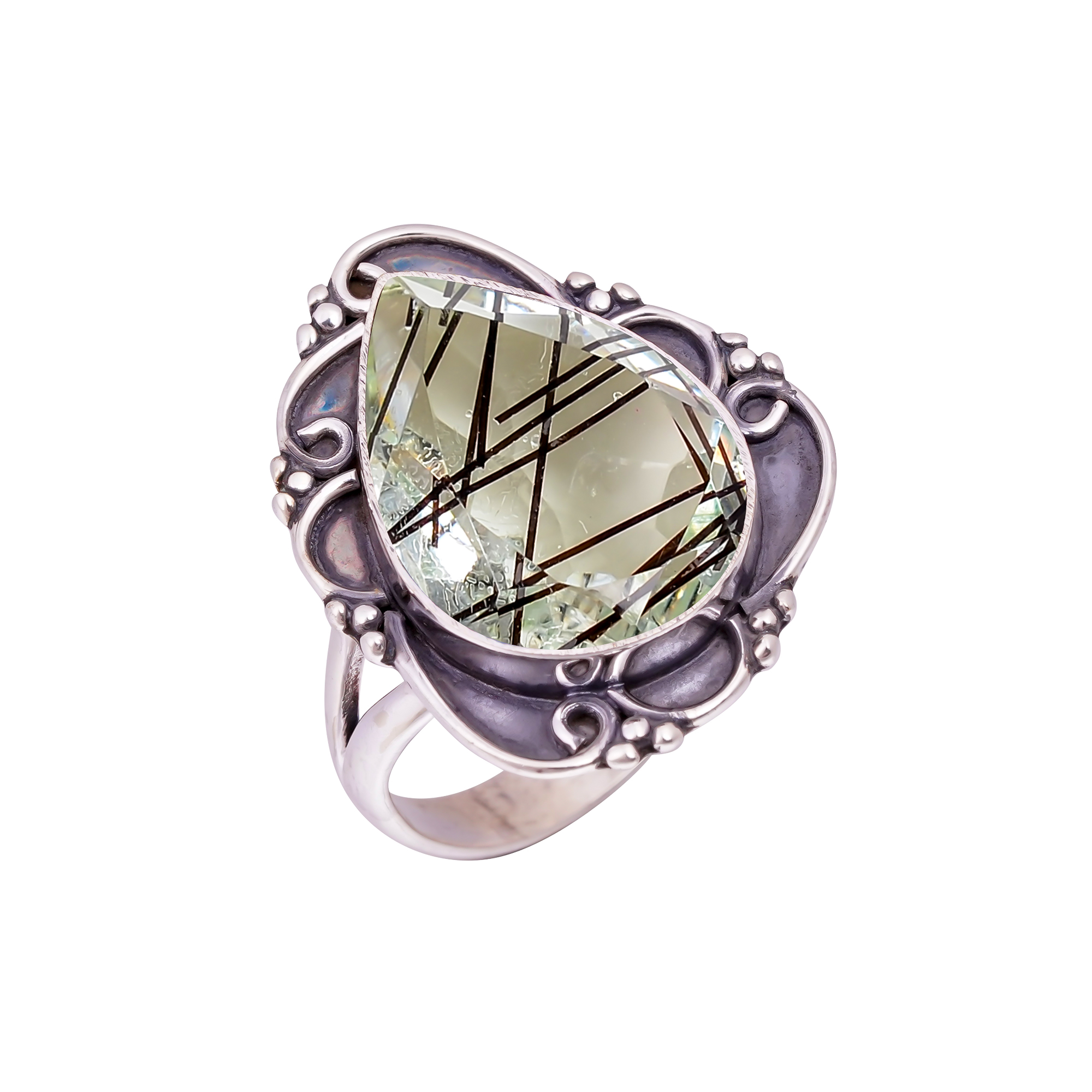 Black Rutilated Quartz - Simulated Gemstone 925 Sterling Silver Ring