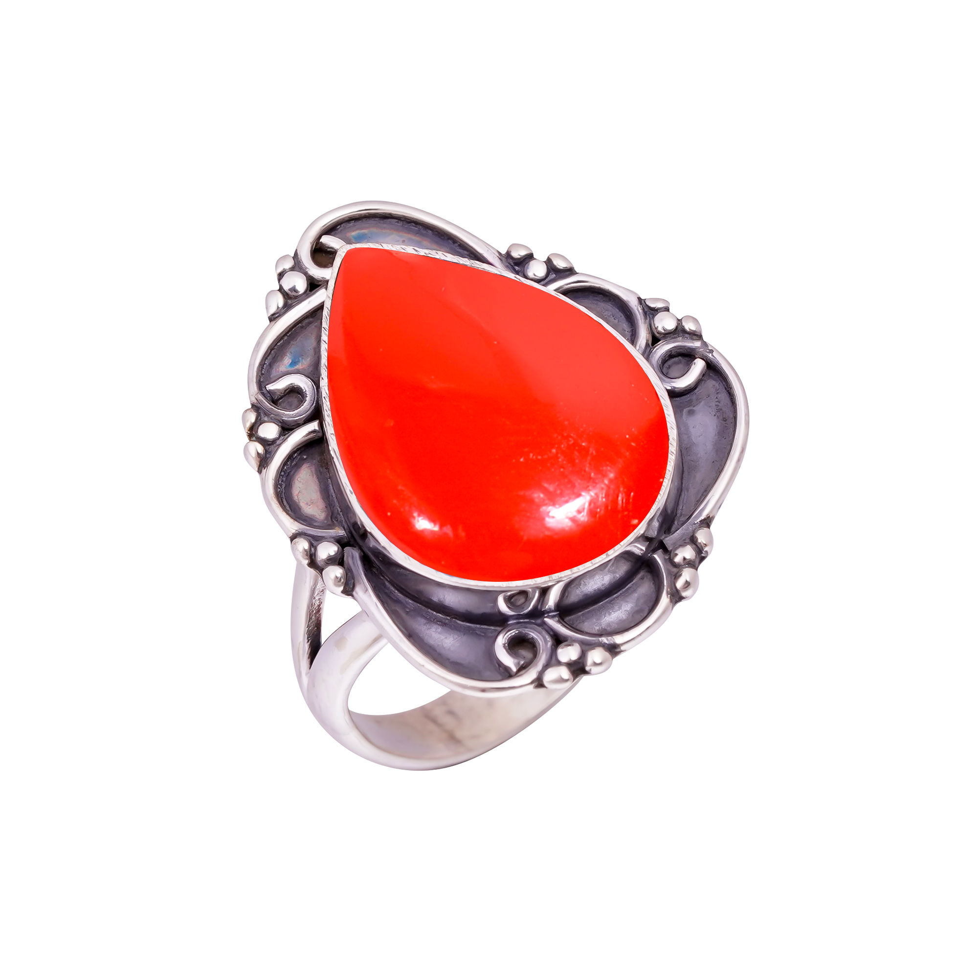 Red Coral - Simulated Gemstone 925 Sterling Silver Ring