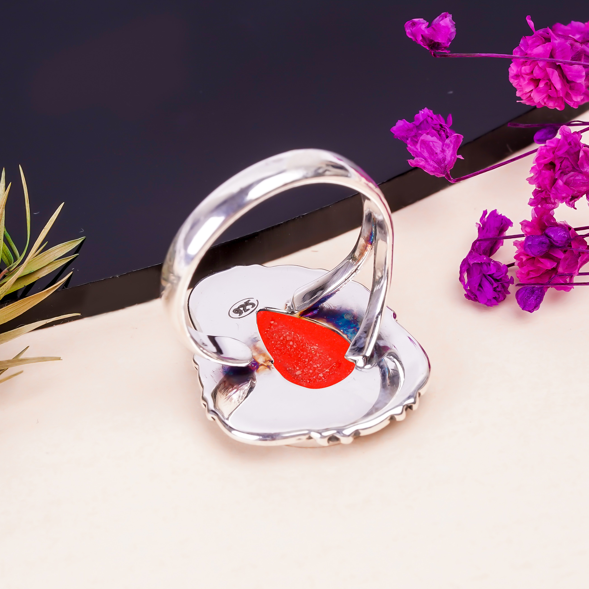 Red Coral - Simulated Gemstone 925 Sterling Silver Ring