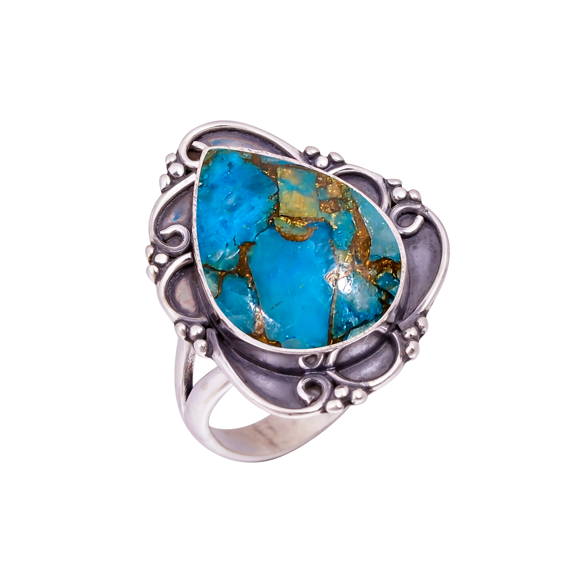 Copper Blue Turquoise Gemstone 925 Sterling Silver Ring