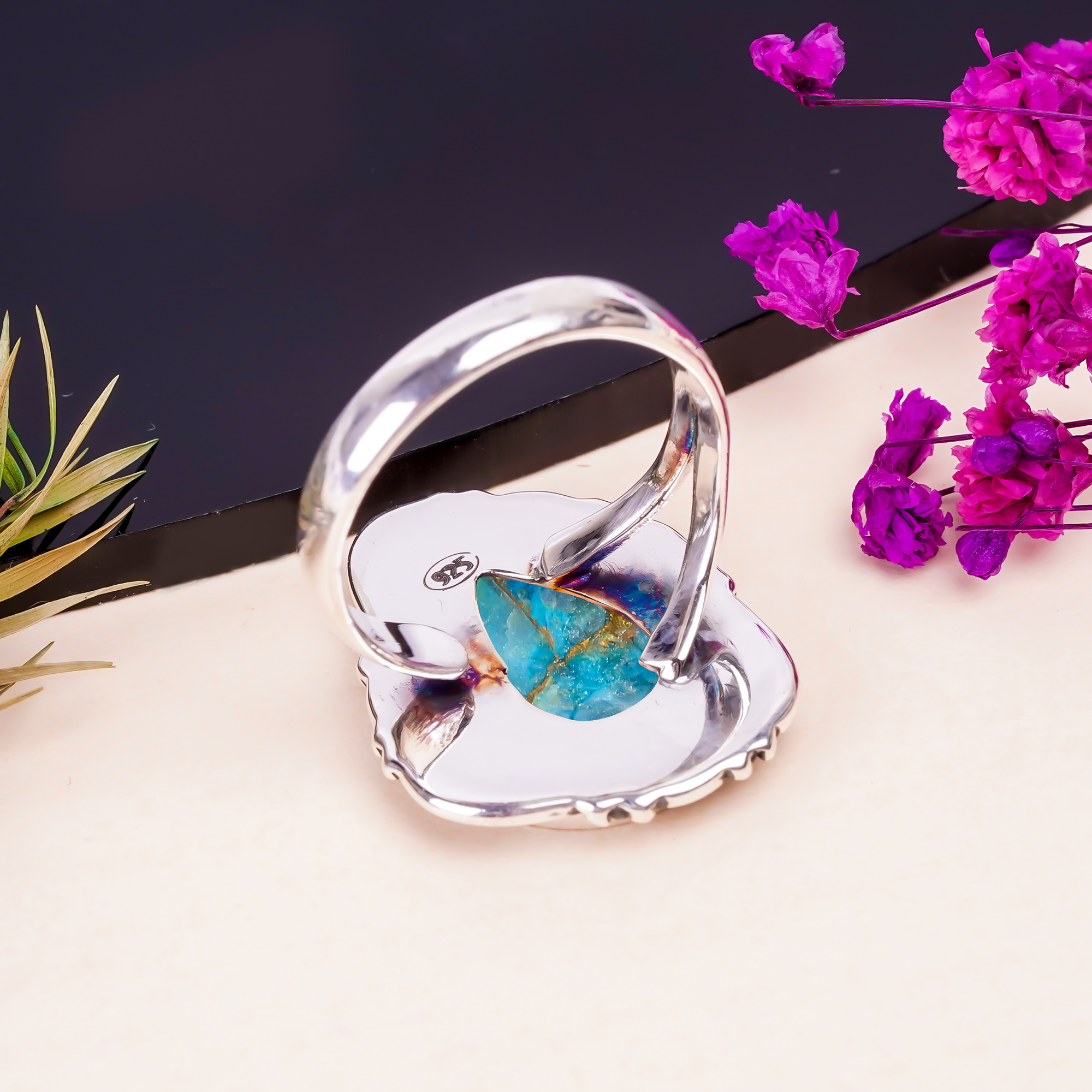 Copper Blue Turquoise Gemstone 925 Sterling Silver Ring