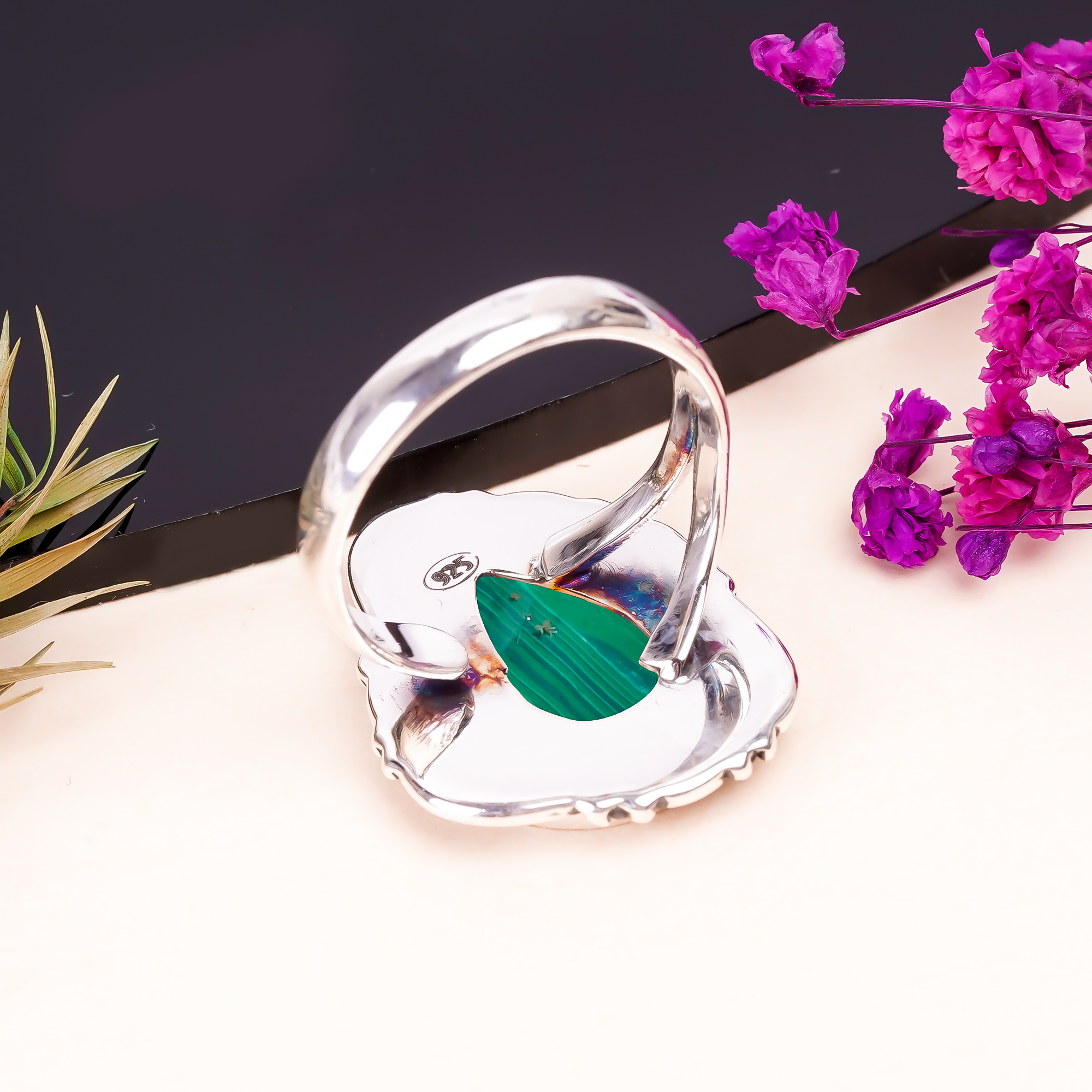 Malachite - Simulated Gemstone 925 Sterling Silver Ring