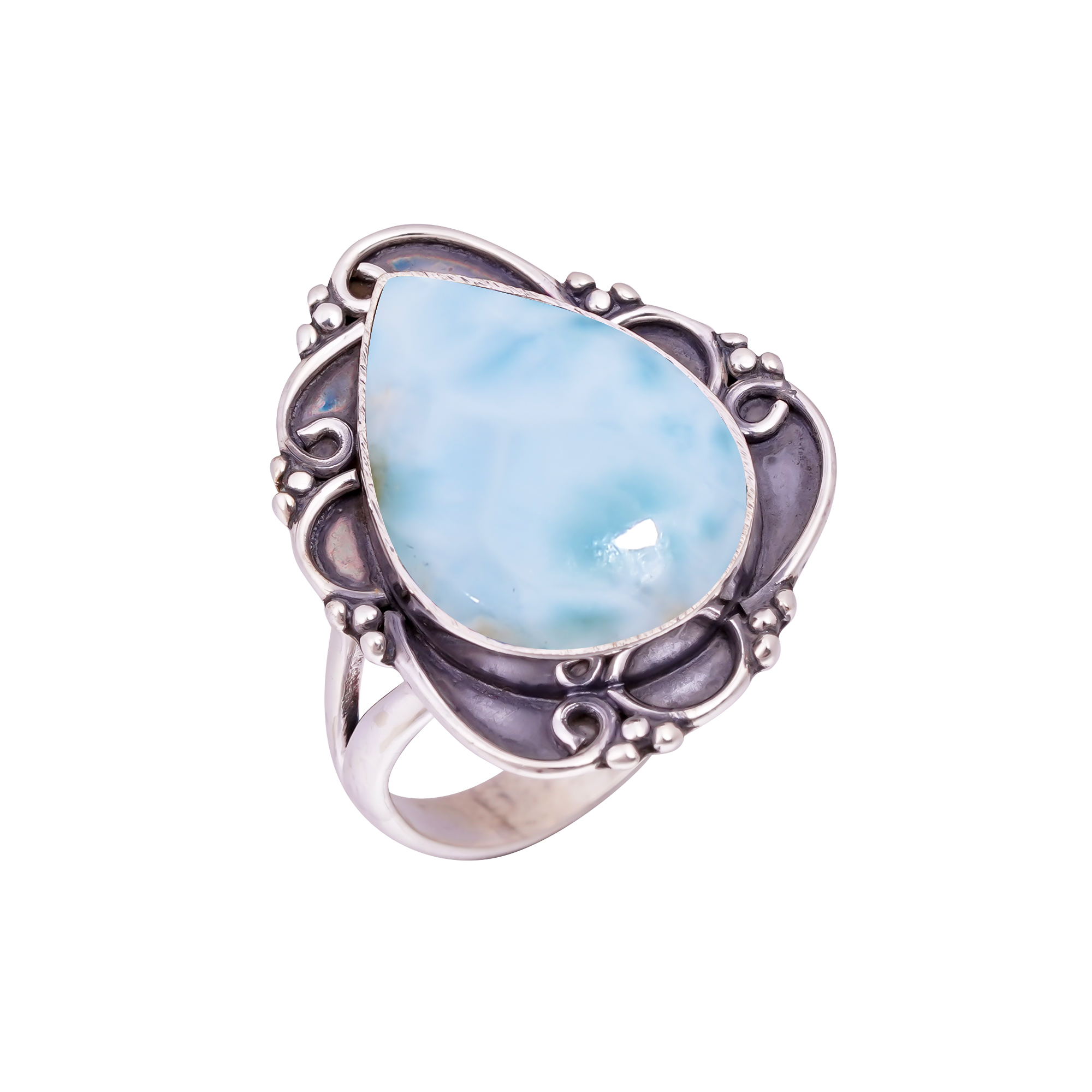 Natural Larimar / Pactolite - Dominican Republic Gemstone 925 Sterling Silver Ring
