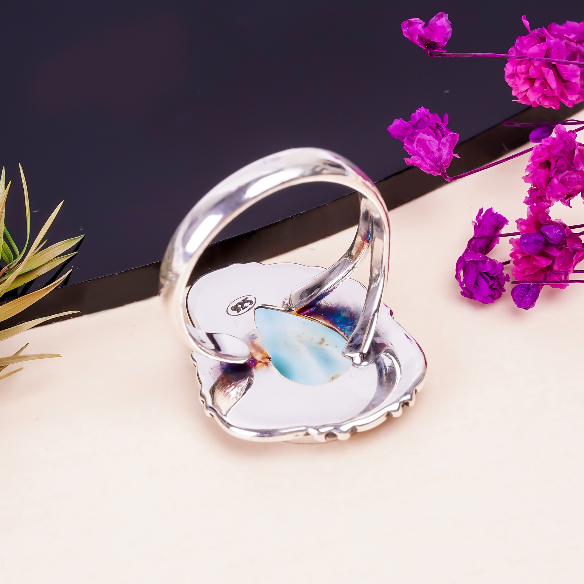 Natural Larimar / Pactolite - Dominican Republic Gemstone 925 Sterling Silver Ring