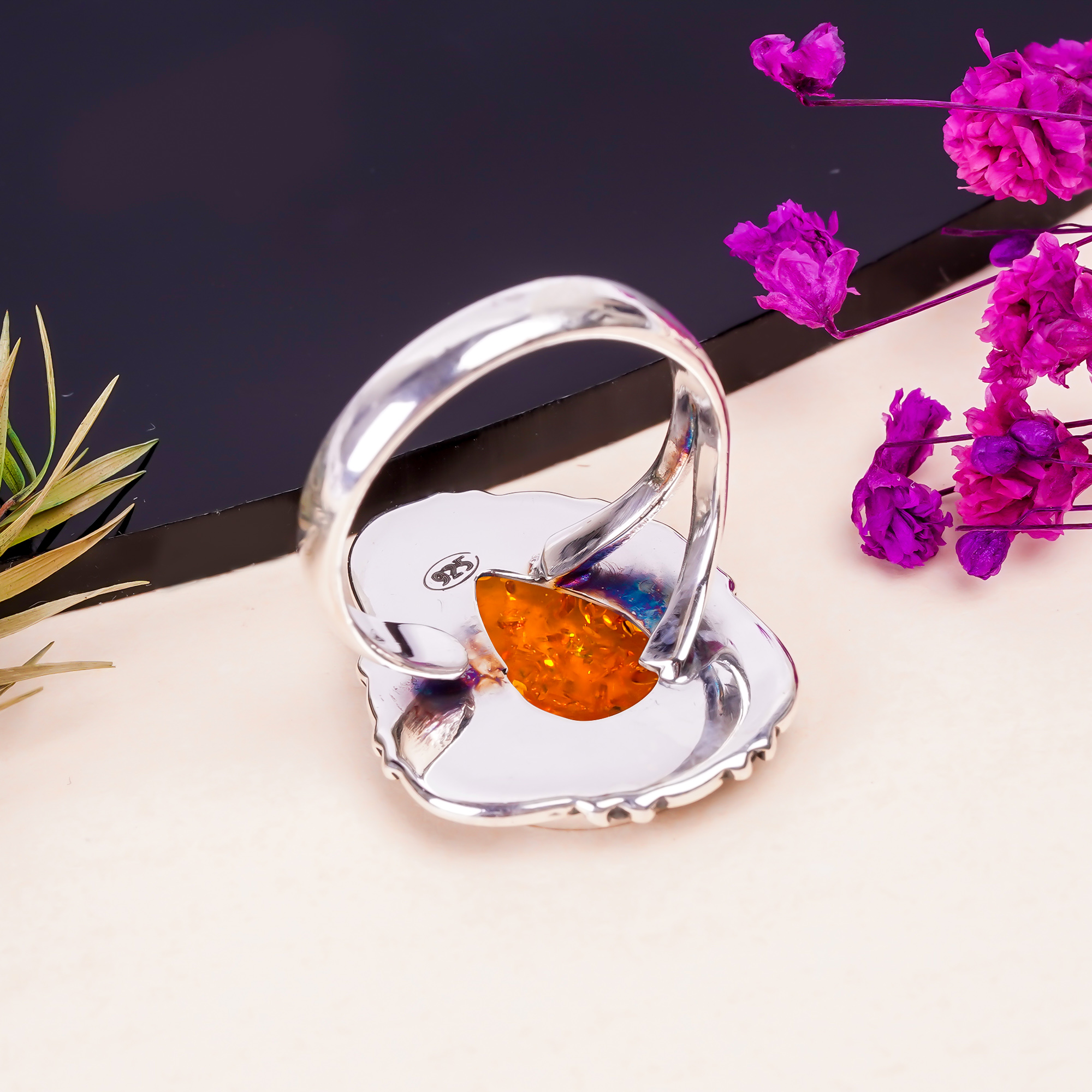 Amber - Simulated Gemstone 925 Sterling Silver Ring
