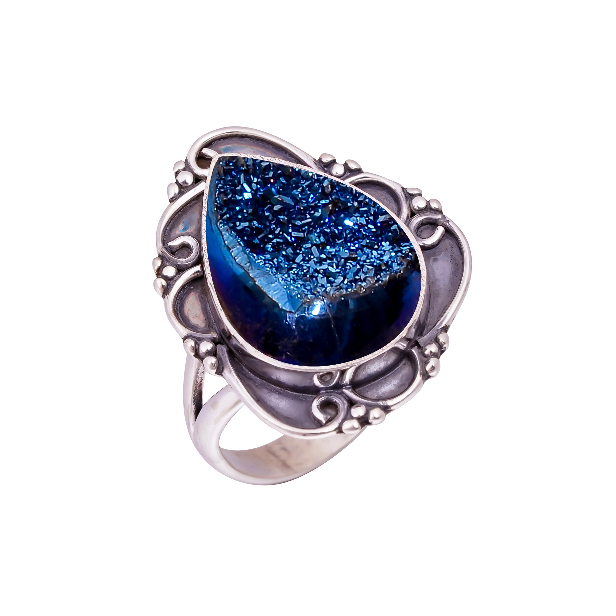 Electric Blue Titanium Agate Drusy Gemstone 925 Sterling Silver Ring