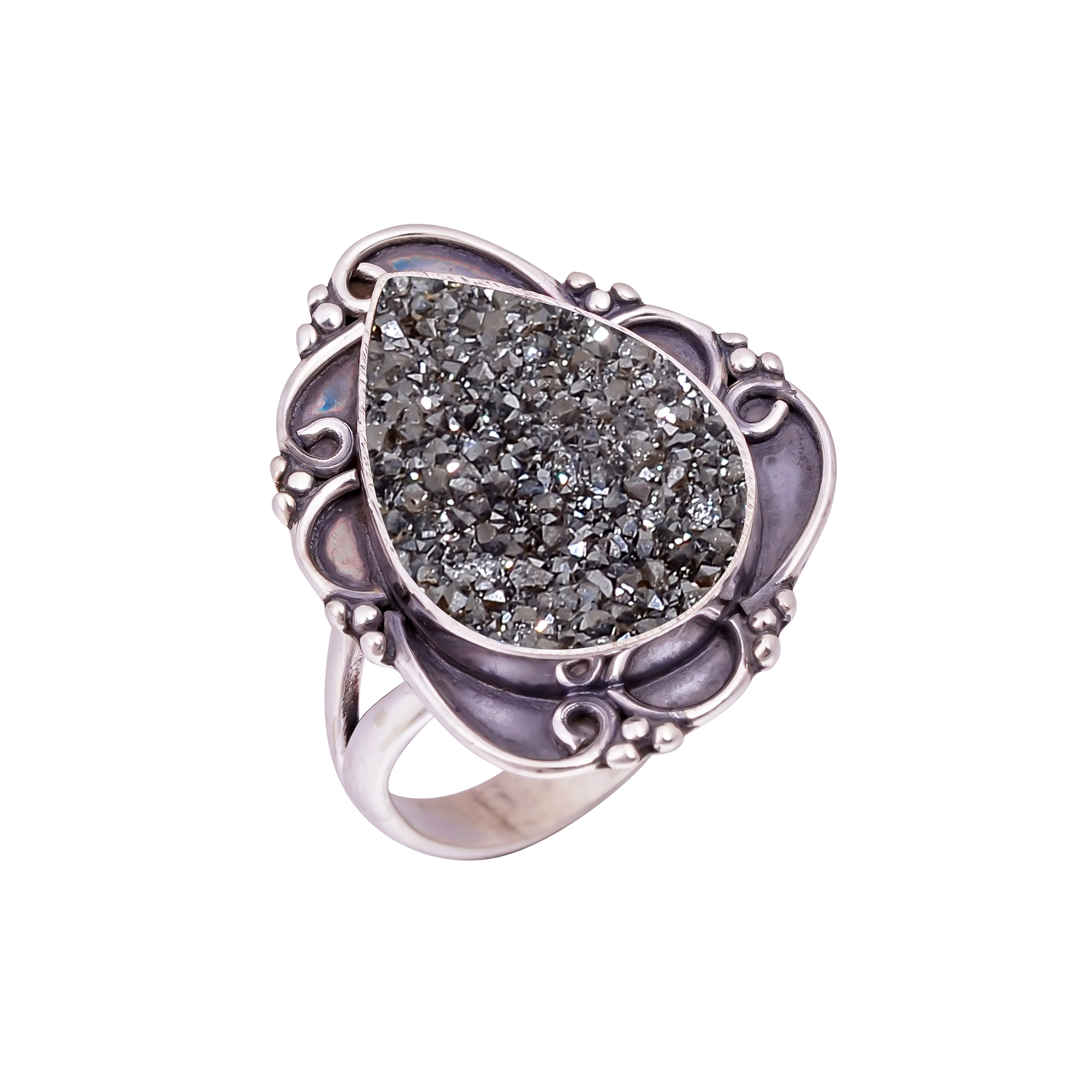 Black Titanium Agate Drusy Gemstone 925 Sterling Silver Ring