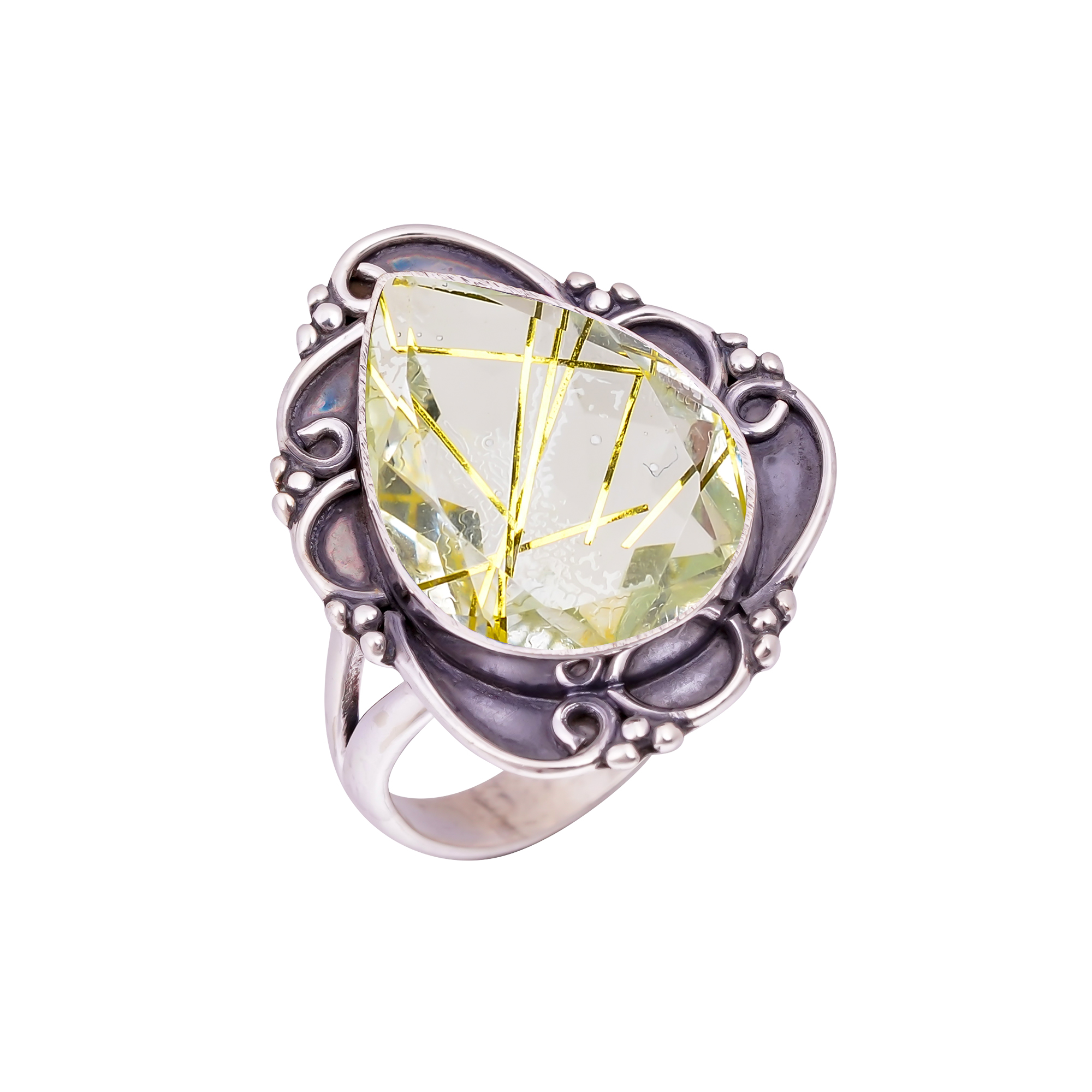 Golden Rutilated Quartz - Simulated Gemstone 925 Sterling Silver Ring