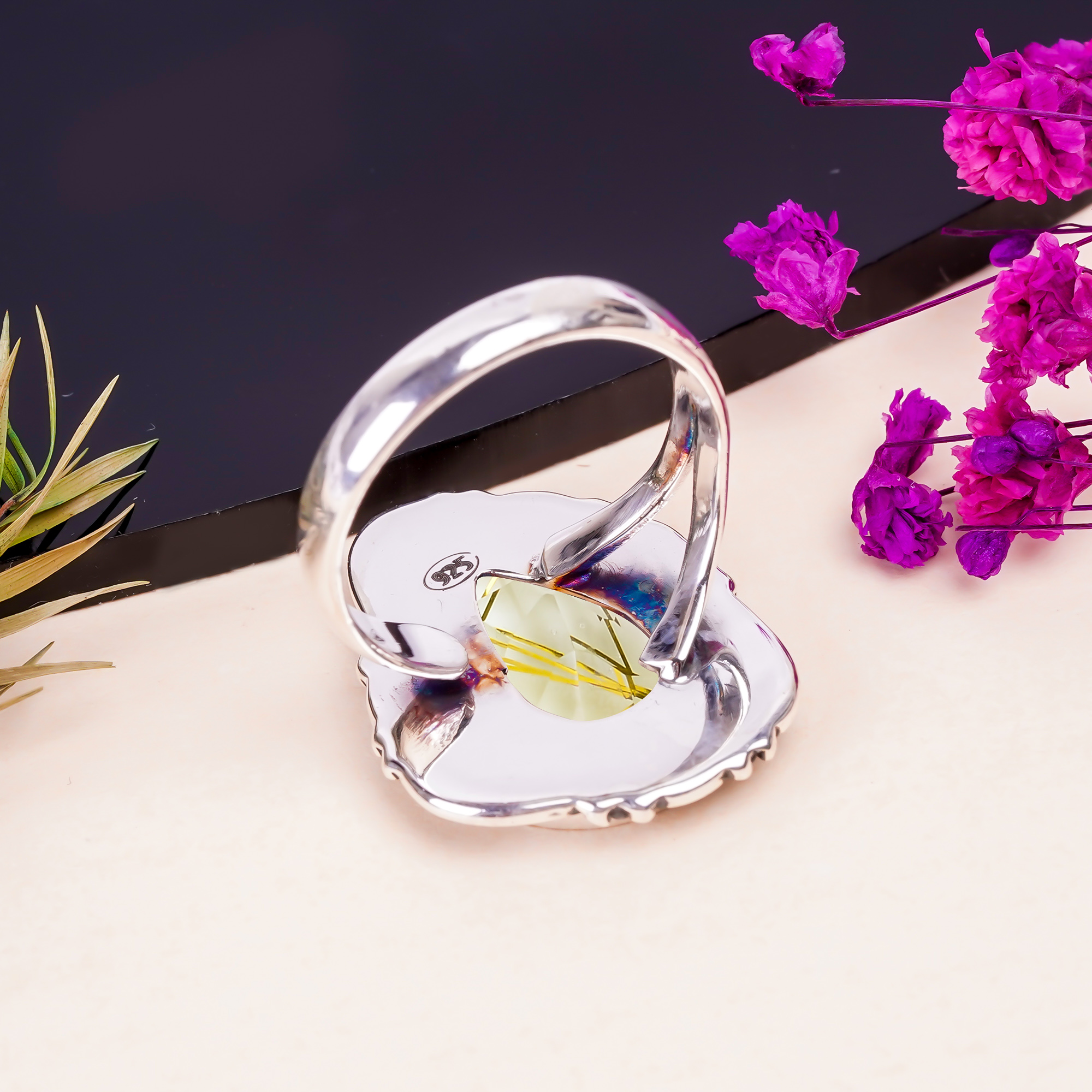 Golden Rutilated Quartz - Simulated Gemstone 925 Sterling Silver Ring