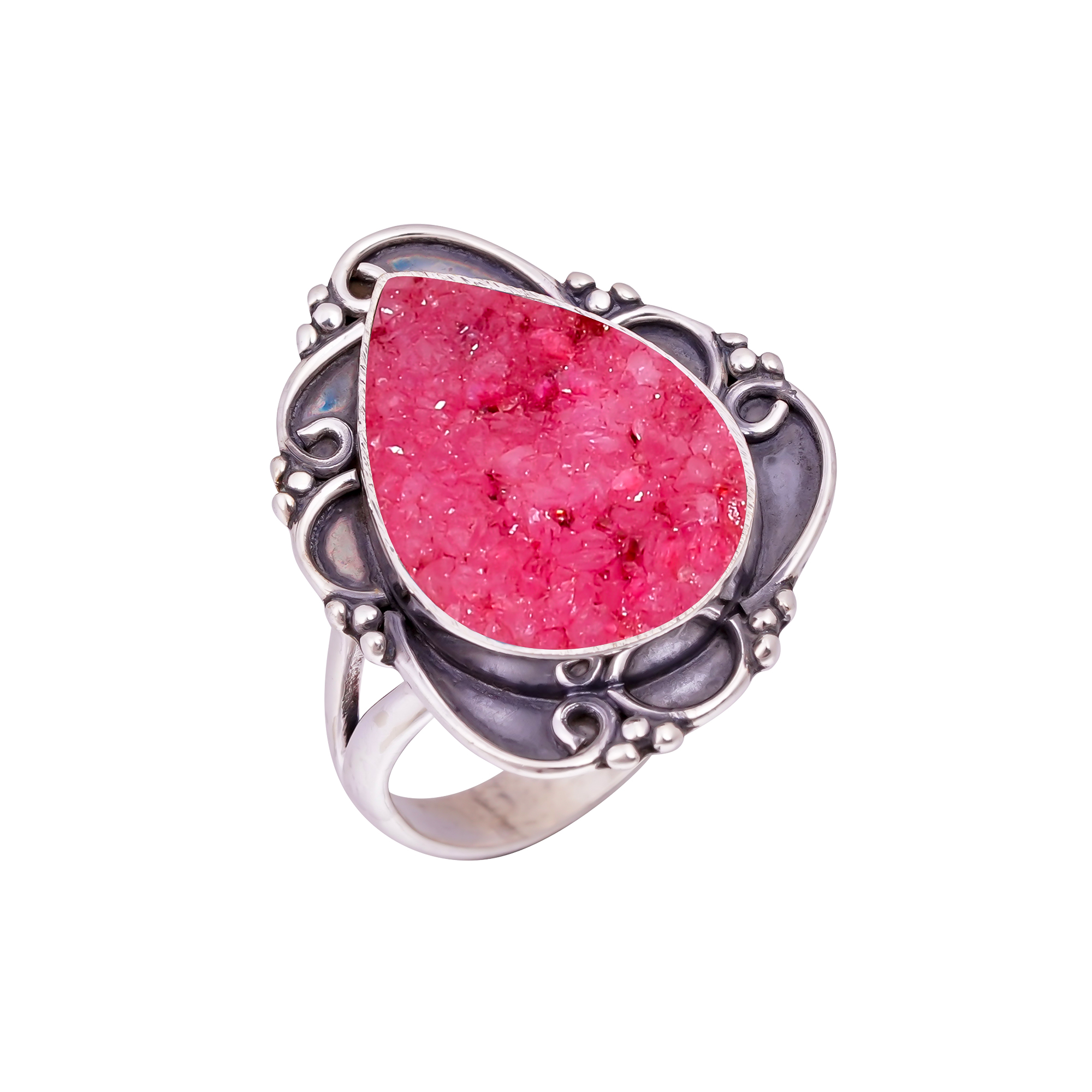 Pink Quartz Drusy - India Gemstone 925 Sterling Silver Ring