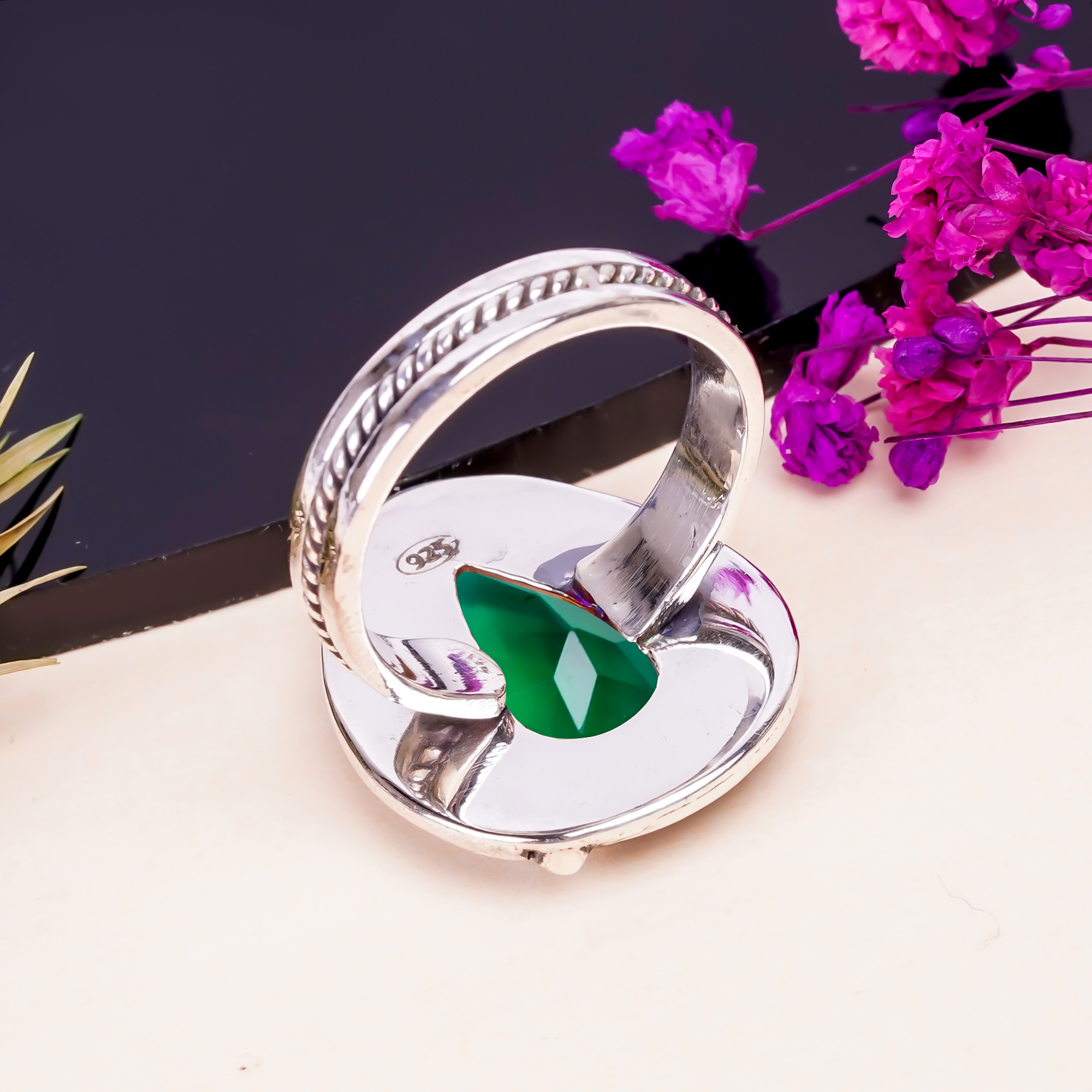 Chrome Diopside - Simulated Gemstone 925 Sterling Silver Ring