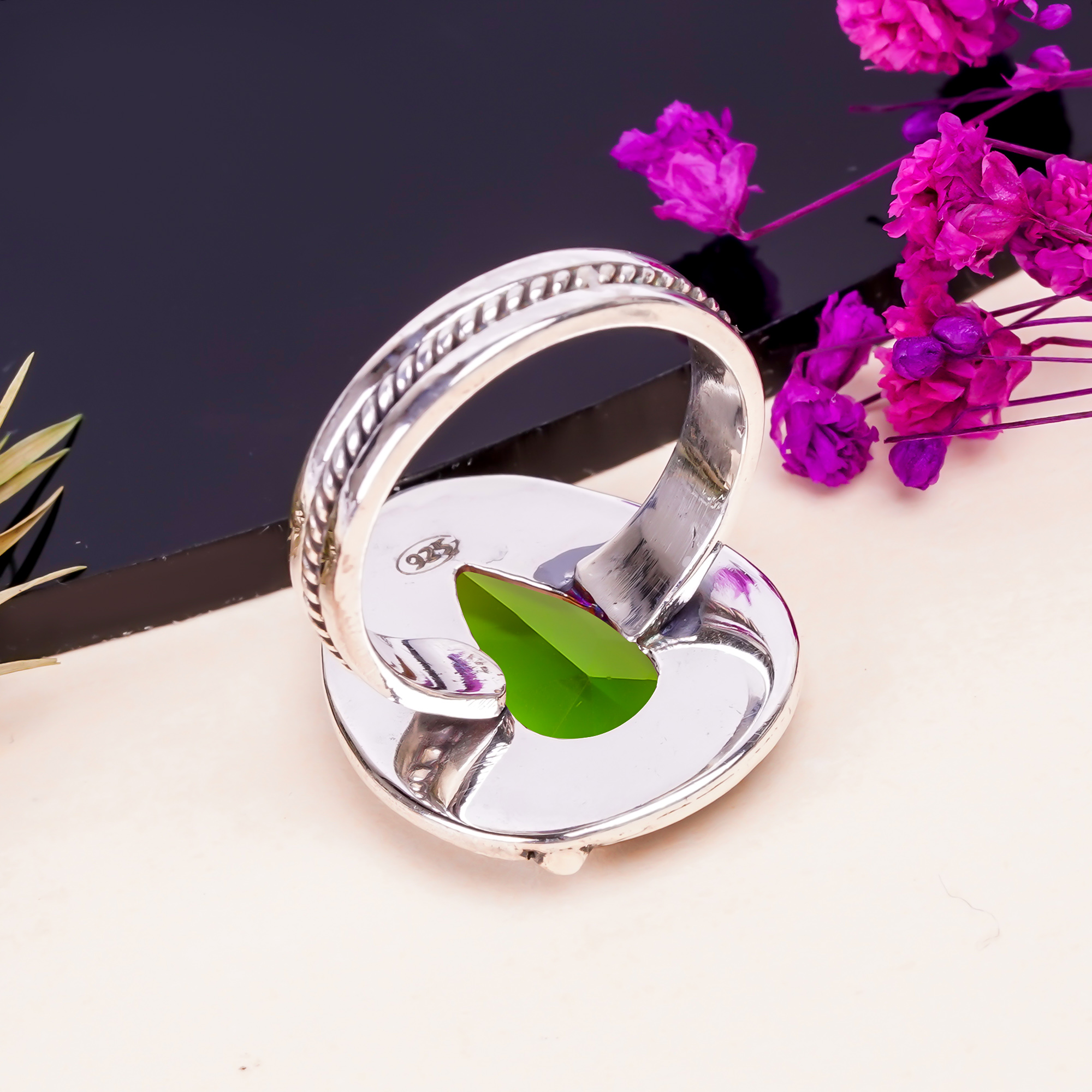 Peridot - Simulated Gemstone 925 Sterling Silver Ring