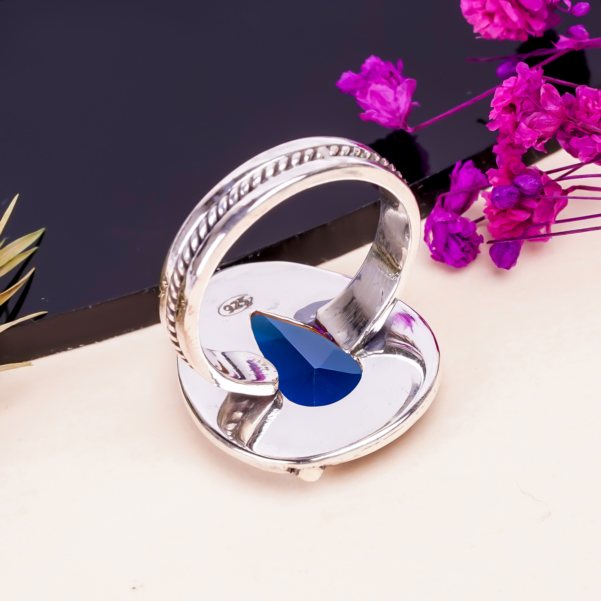 Blue Sapphire - Simulated Gemstone 925 Sterling Silver Ring