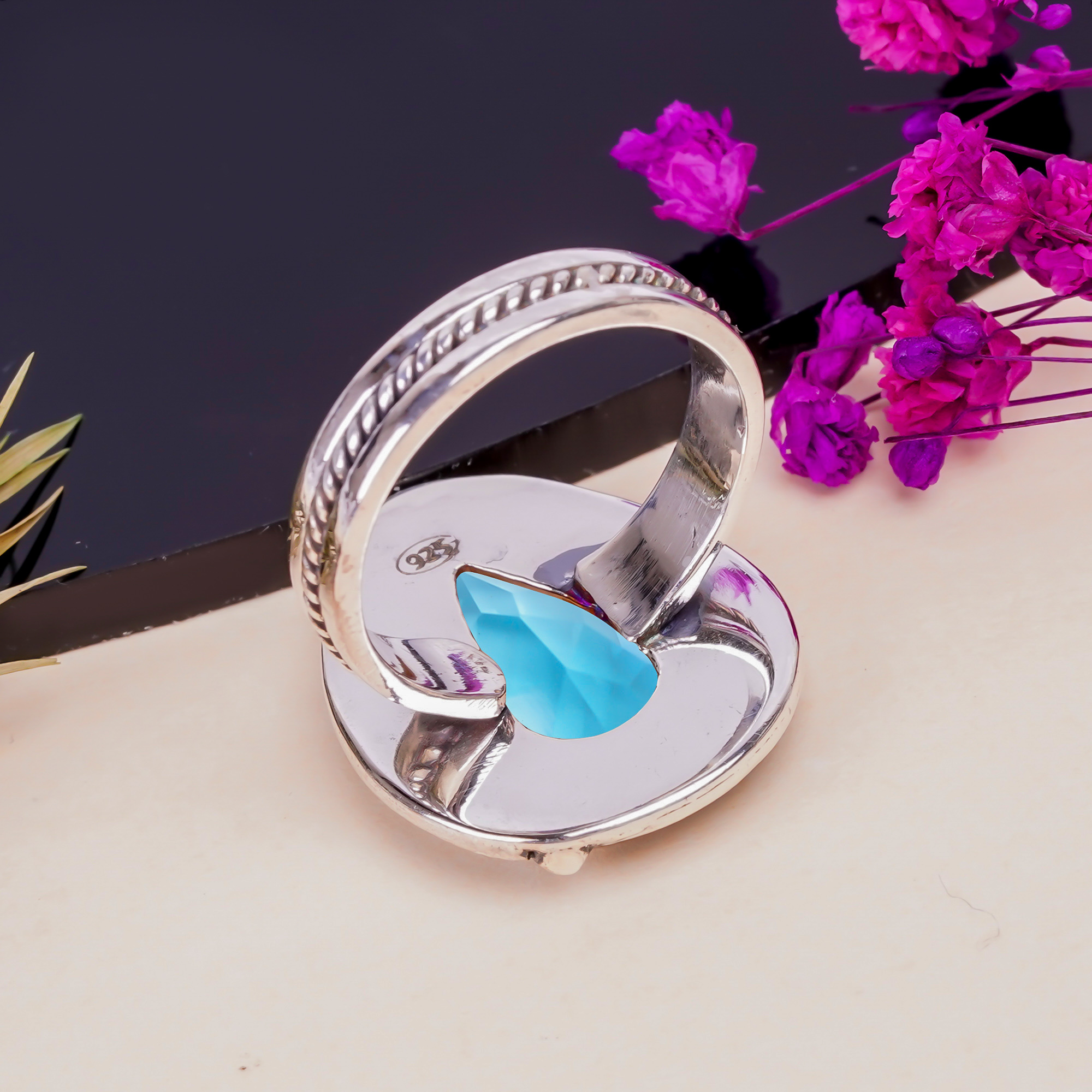 Blue Topaz - Simulated Gemstone 925 Sterling Silver Ring