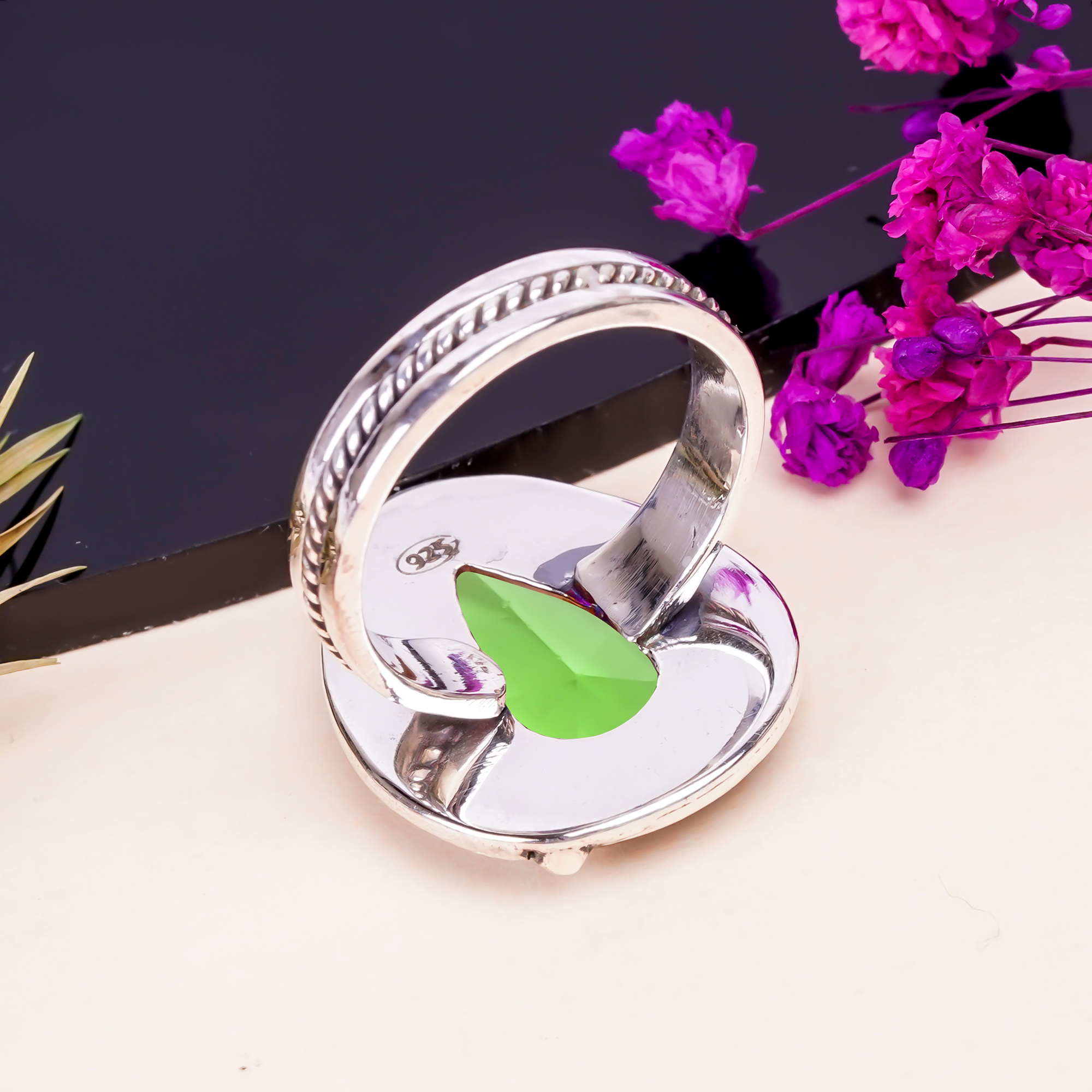 Green Amethyst - Simulated Gemstone 925 Sterling Silver Ring