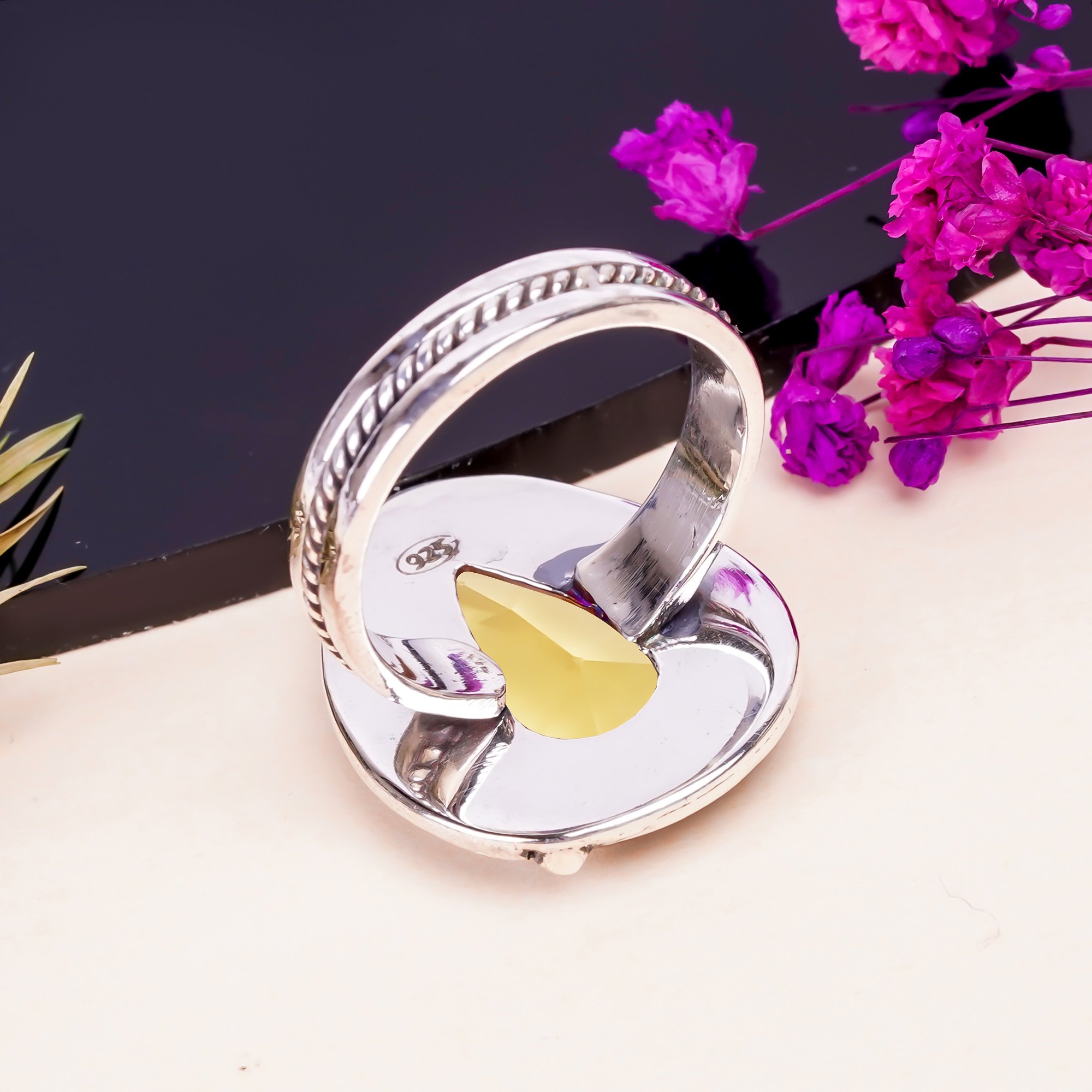 Lemon Quartz - Simulated Gemstone 925 Sterling Silver Ring