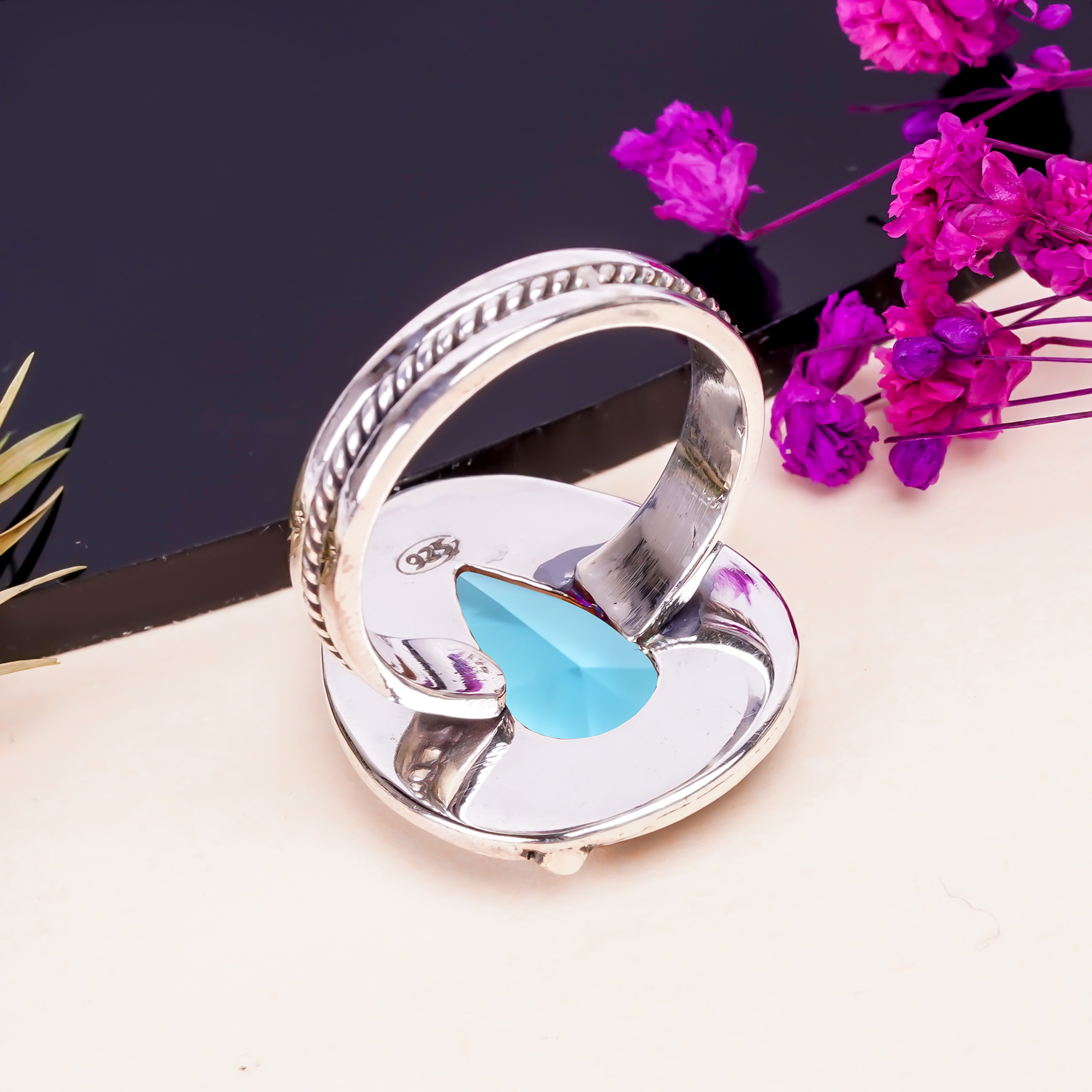 Blue Topaz - Simulated Gemstone 925 Sterling Silver Ring
