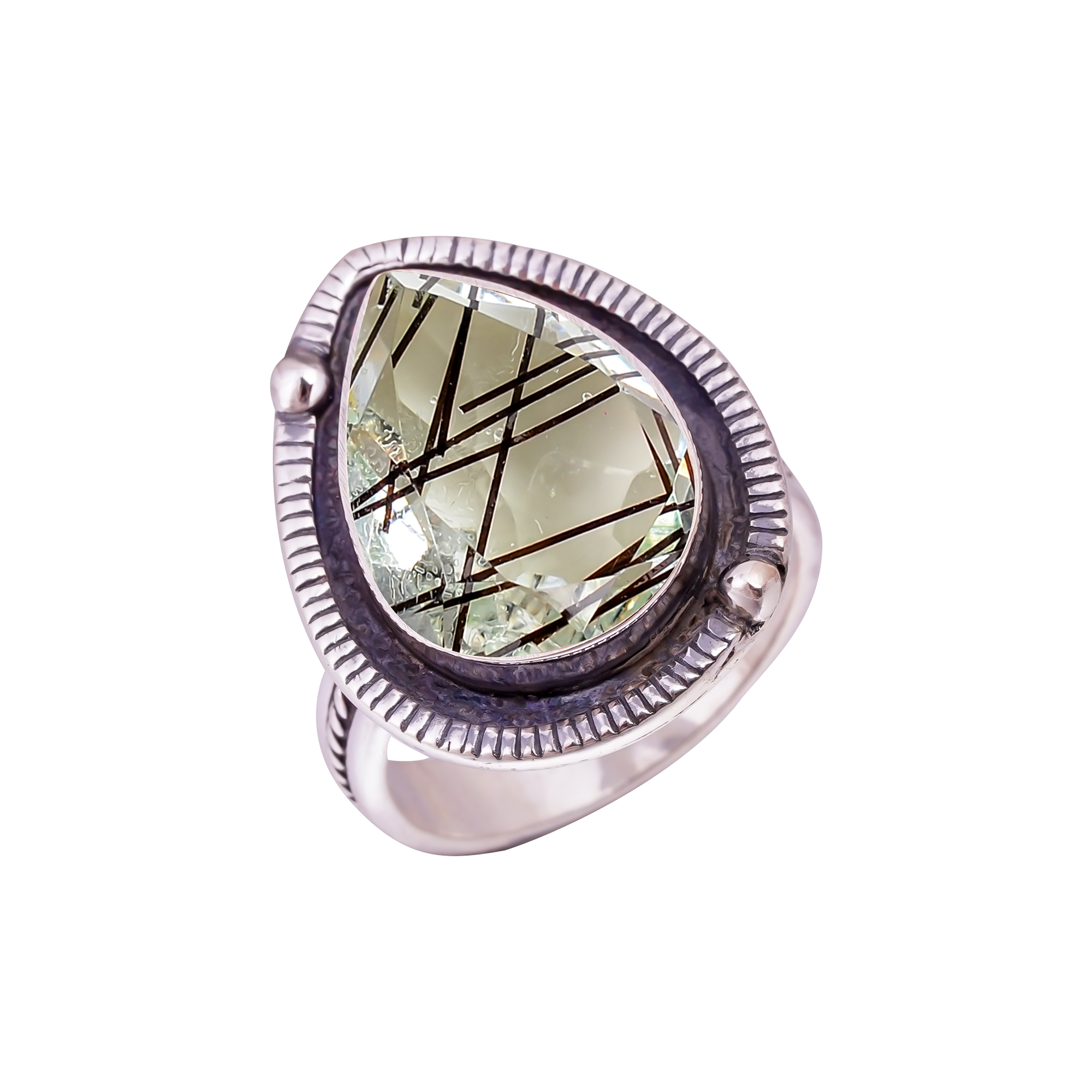 Black Rutilated Quartz - Simulated Gemstone 925 Sterling Silver Ring