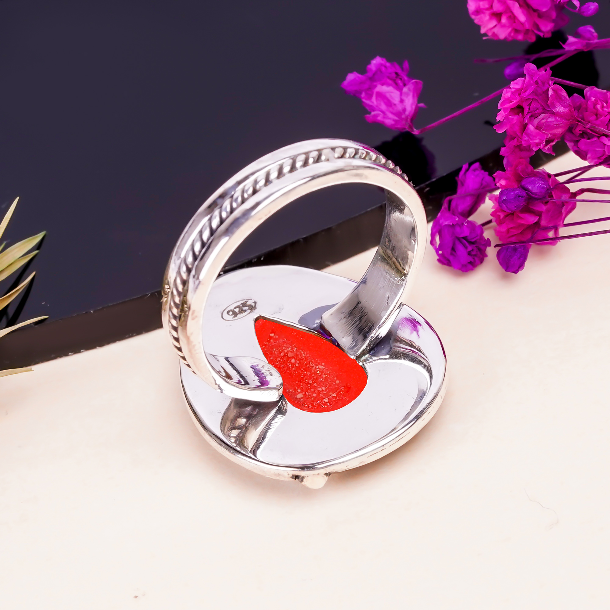 Red Coral - Simulated Gemstone 925 Sterling Silver Ring