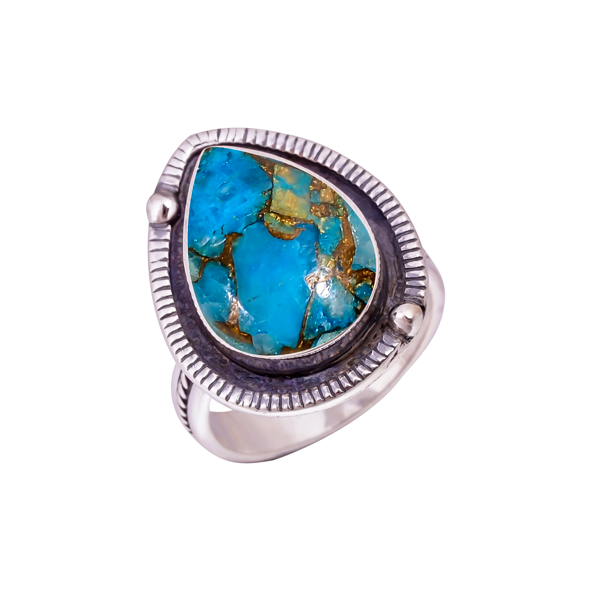 Copper Blue Turquoise Gemstone 925 Sterling Silver Ring