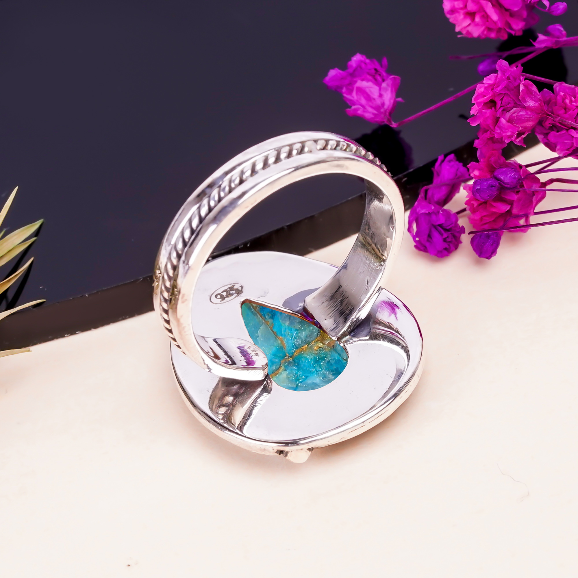 Copper Blue Turquoise Gemstone 925 Sterling Silver Ring