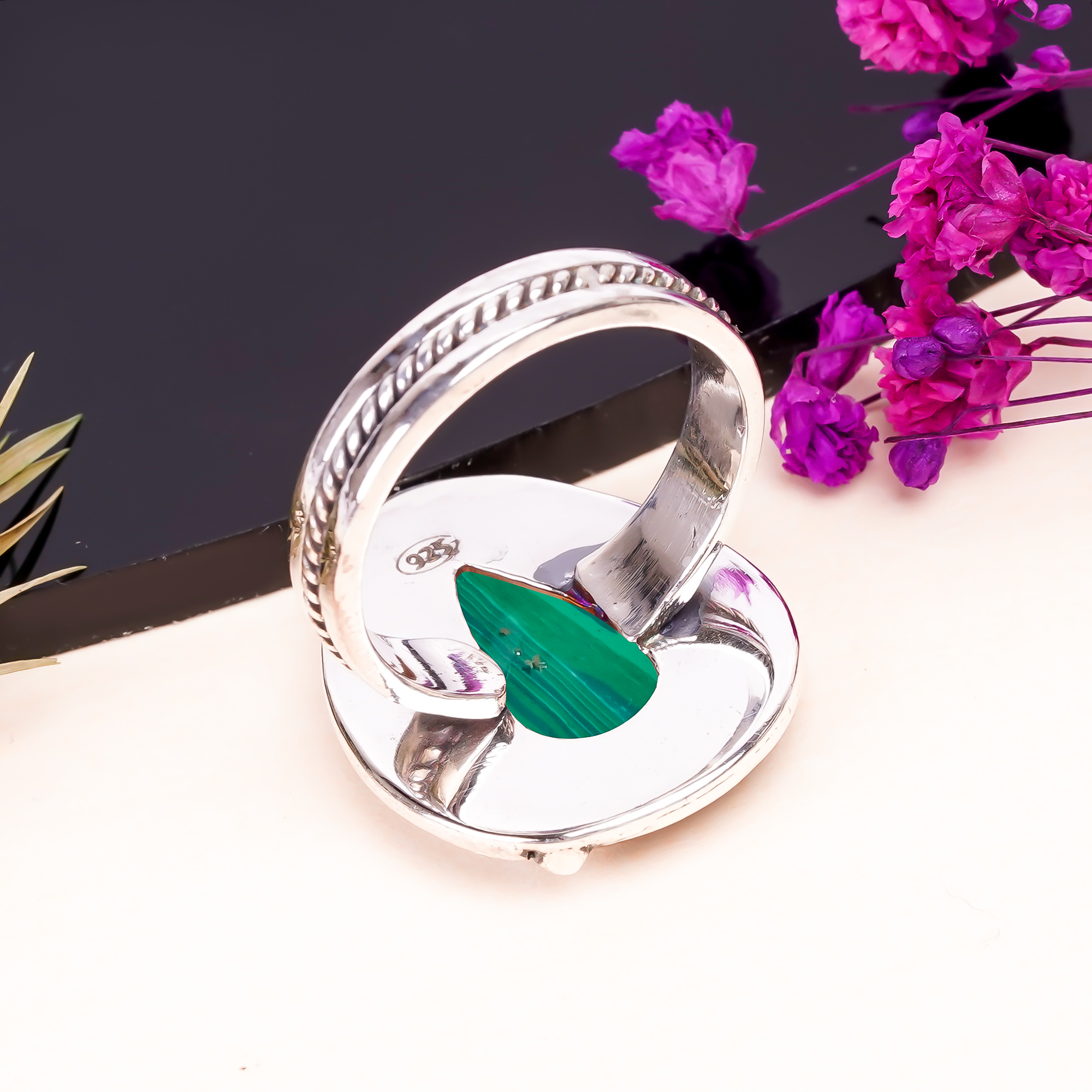 Malachite - Simulated Gemstone 925 Sterling Silver Ring