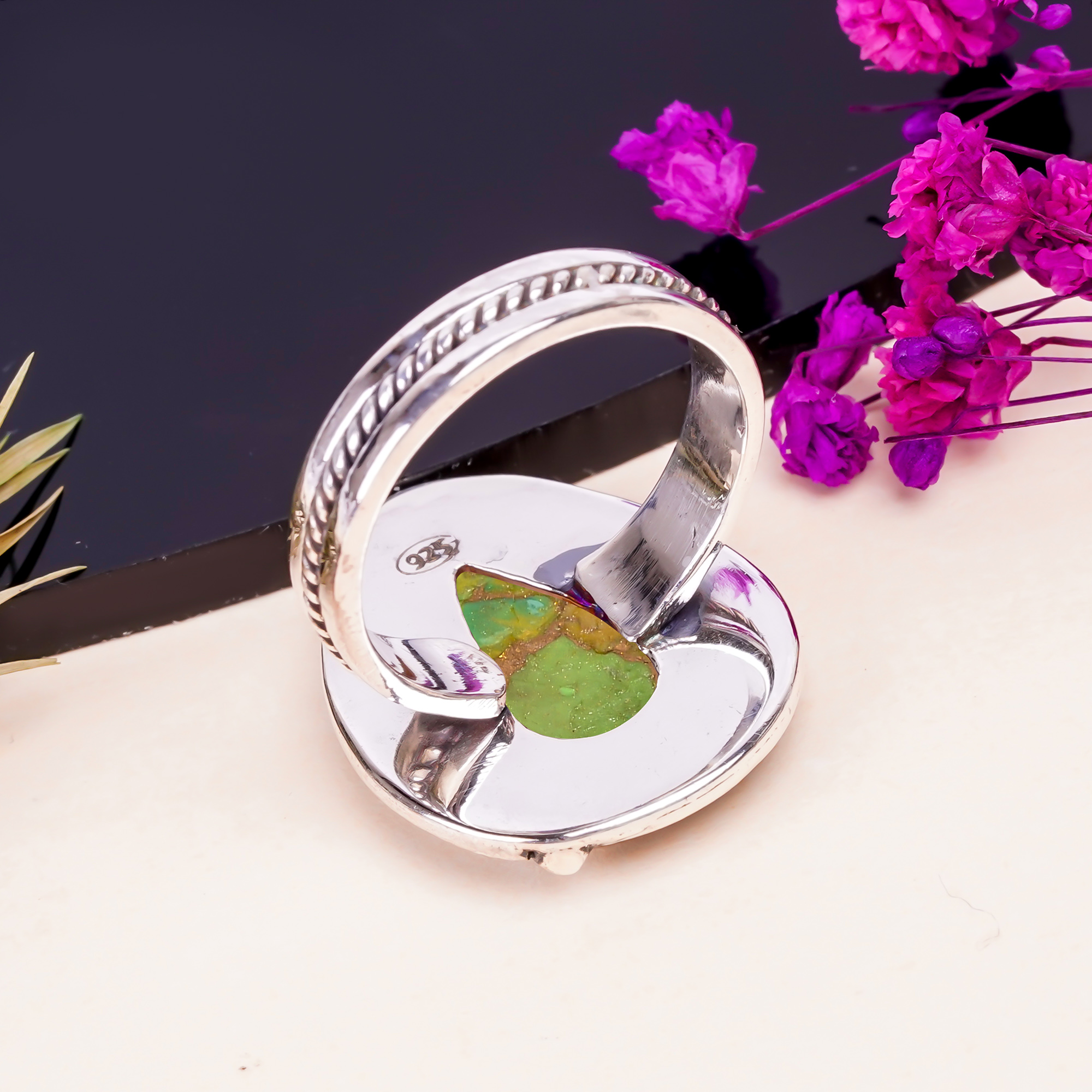 Copper Green Turquoise Gemstone 925 Sterling Silver Ring