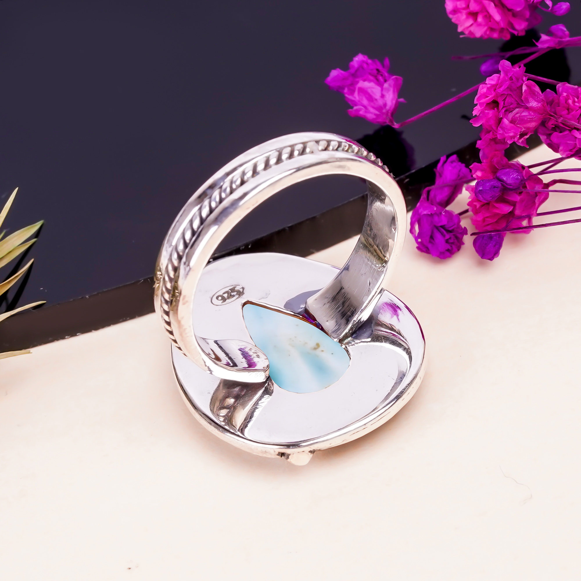 Natural Larimar / Pactolite - Dominican Republic Gemstone 925 Sterling Silver Ring