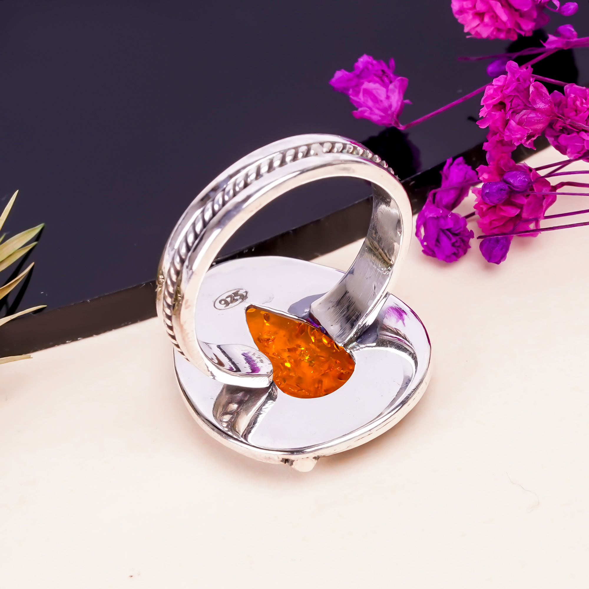 Amber - Simulated Gemstone 925 Sterling Silver Ring