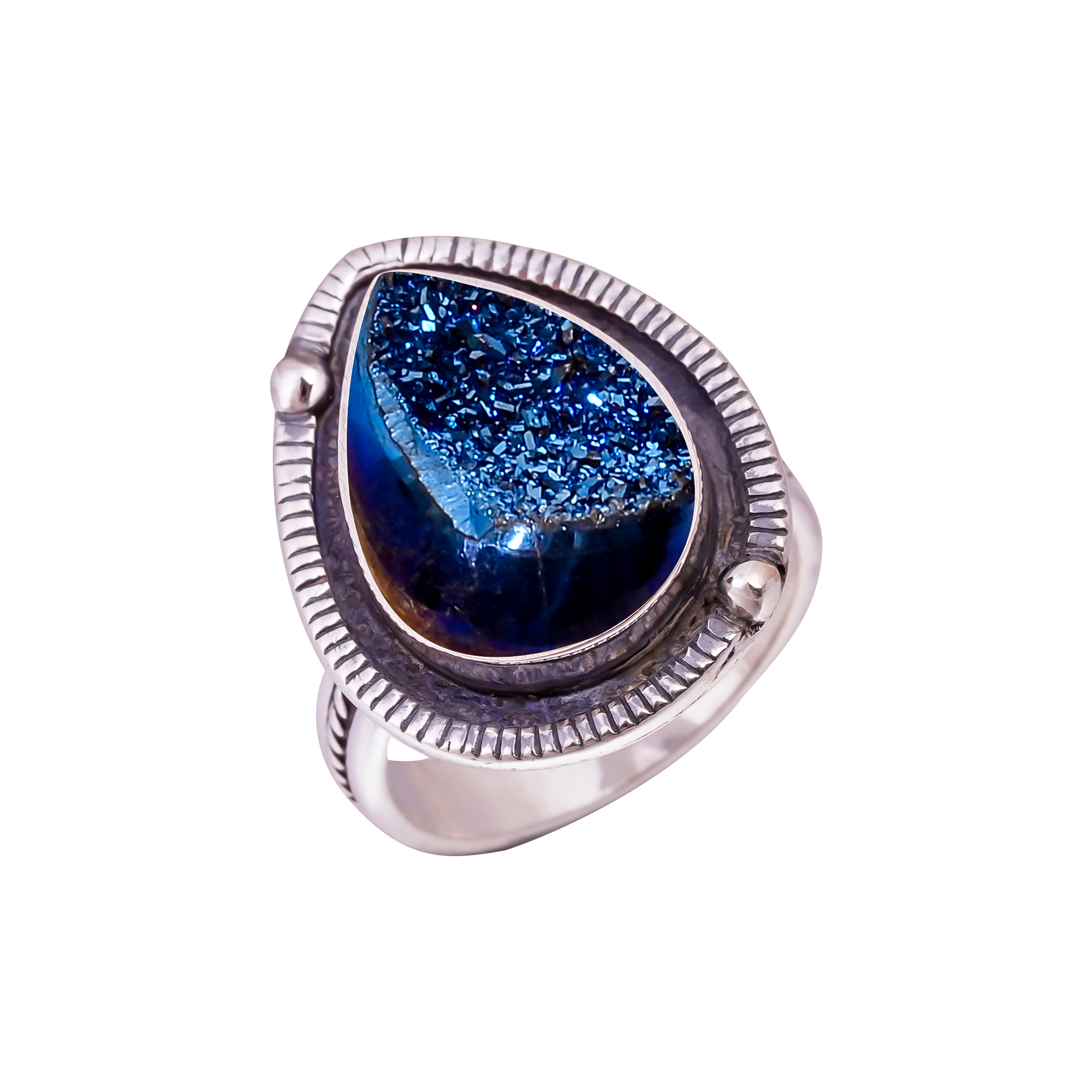 Electric Blue Titanium Agate Drusy Gemstone 925 Sterling Silver Ring