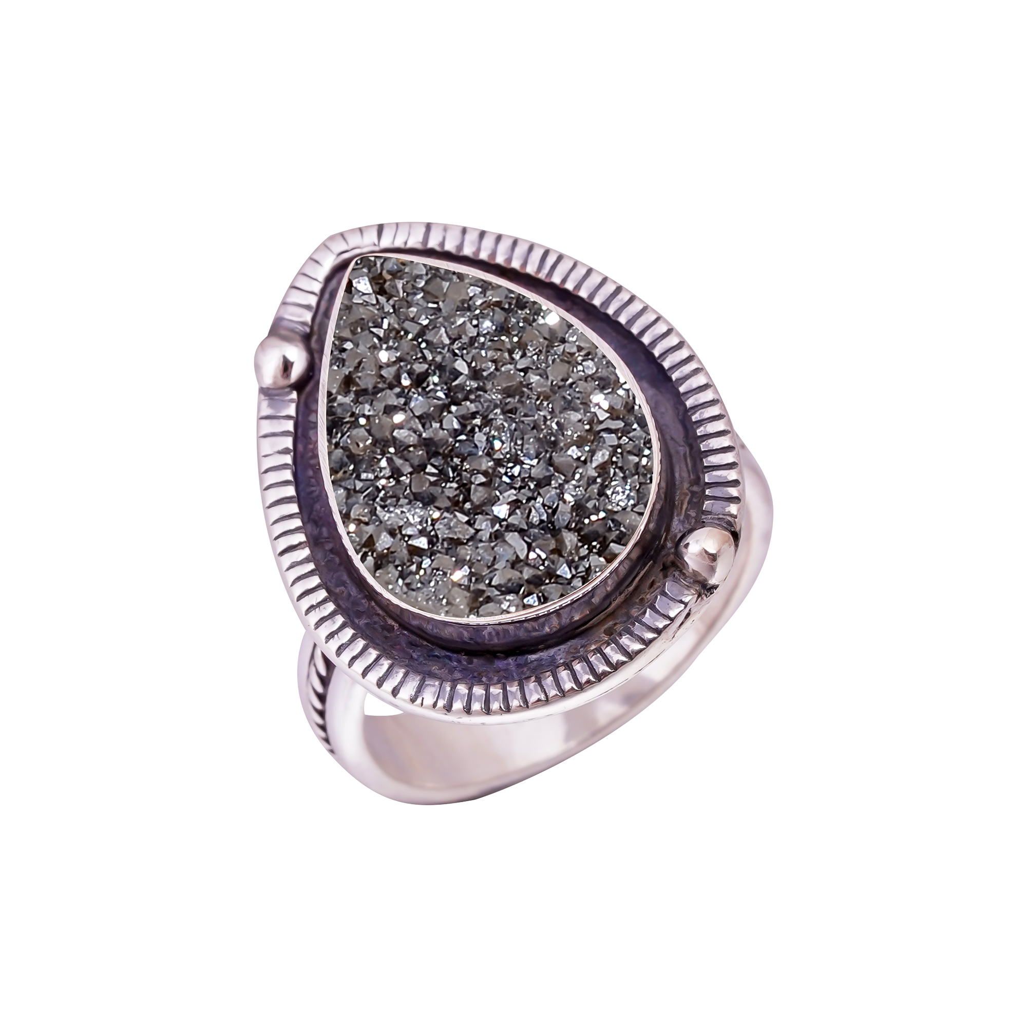 Black Titanium Agate Drusy Gemstone 925 Sterling Silver Ring