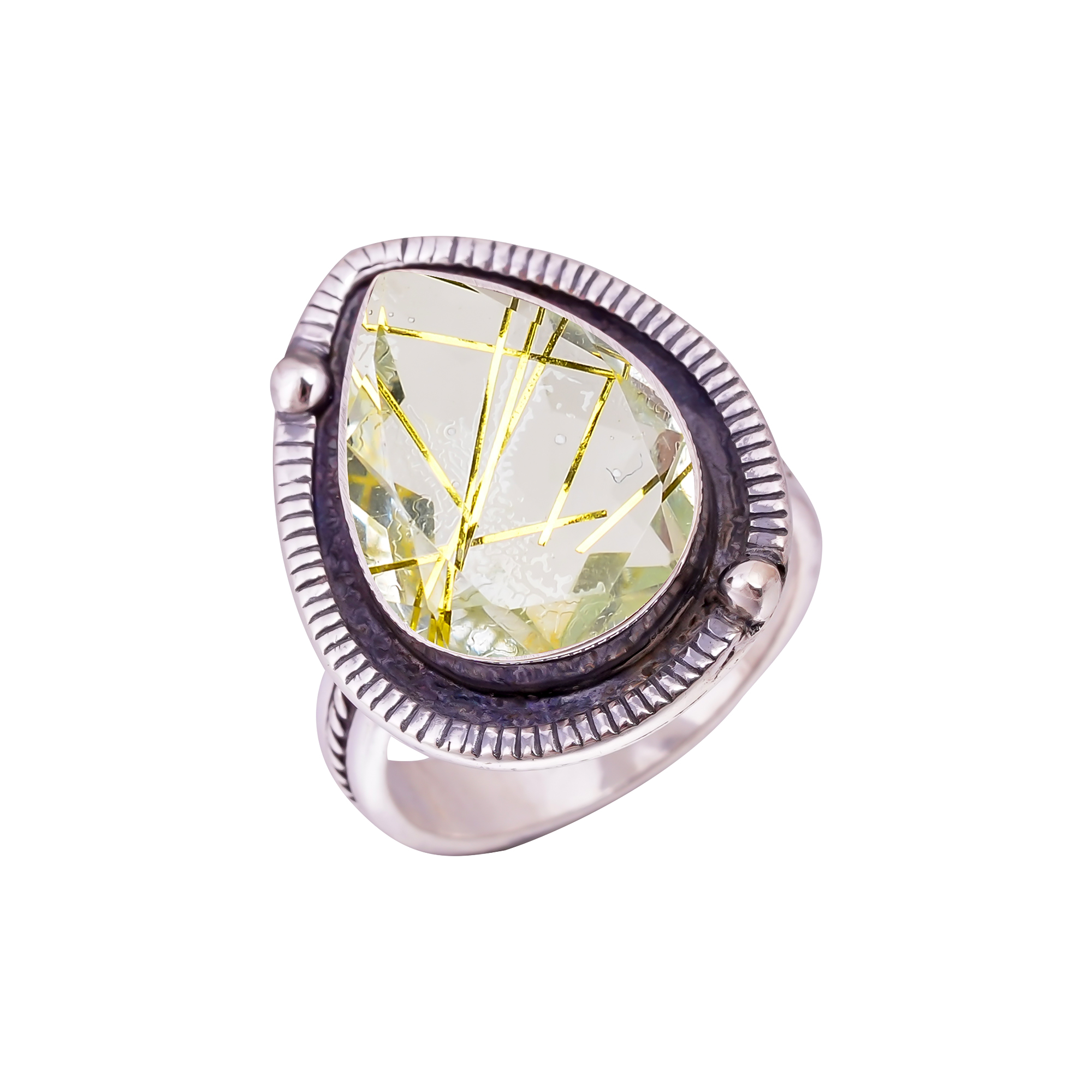 Golden Rutilated Quartz - Simulated Gemstone 925 Sterling Silver Ring