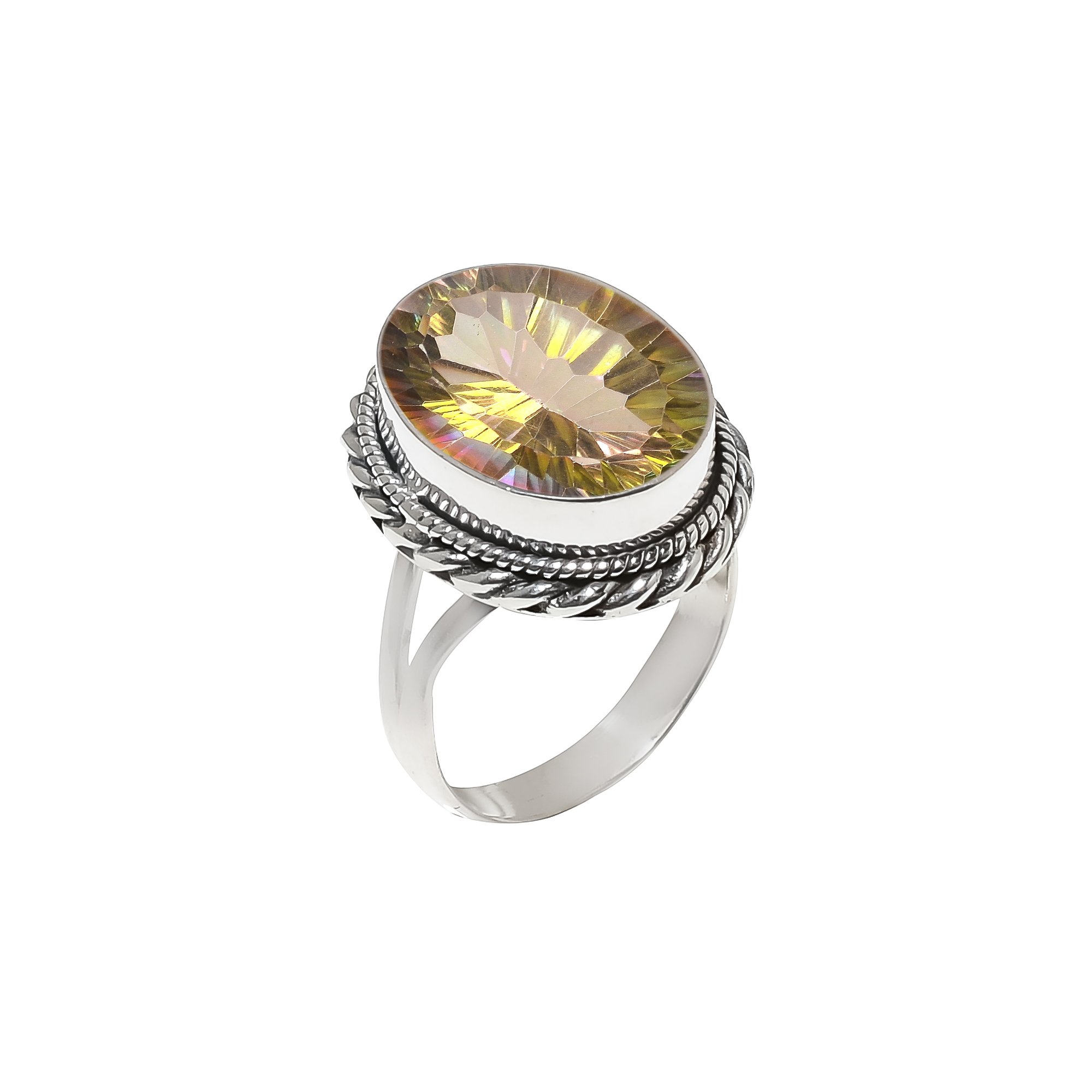 Golden Rainbow Mystic Fire Topaz - Simulated 925 Sterling Silver Ring
