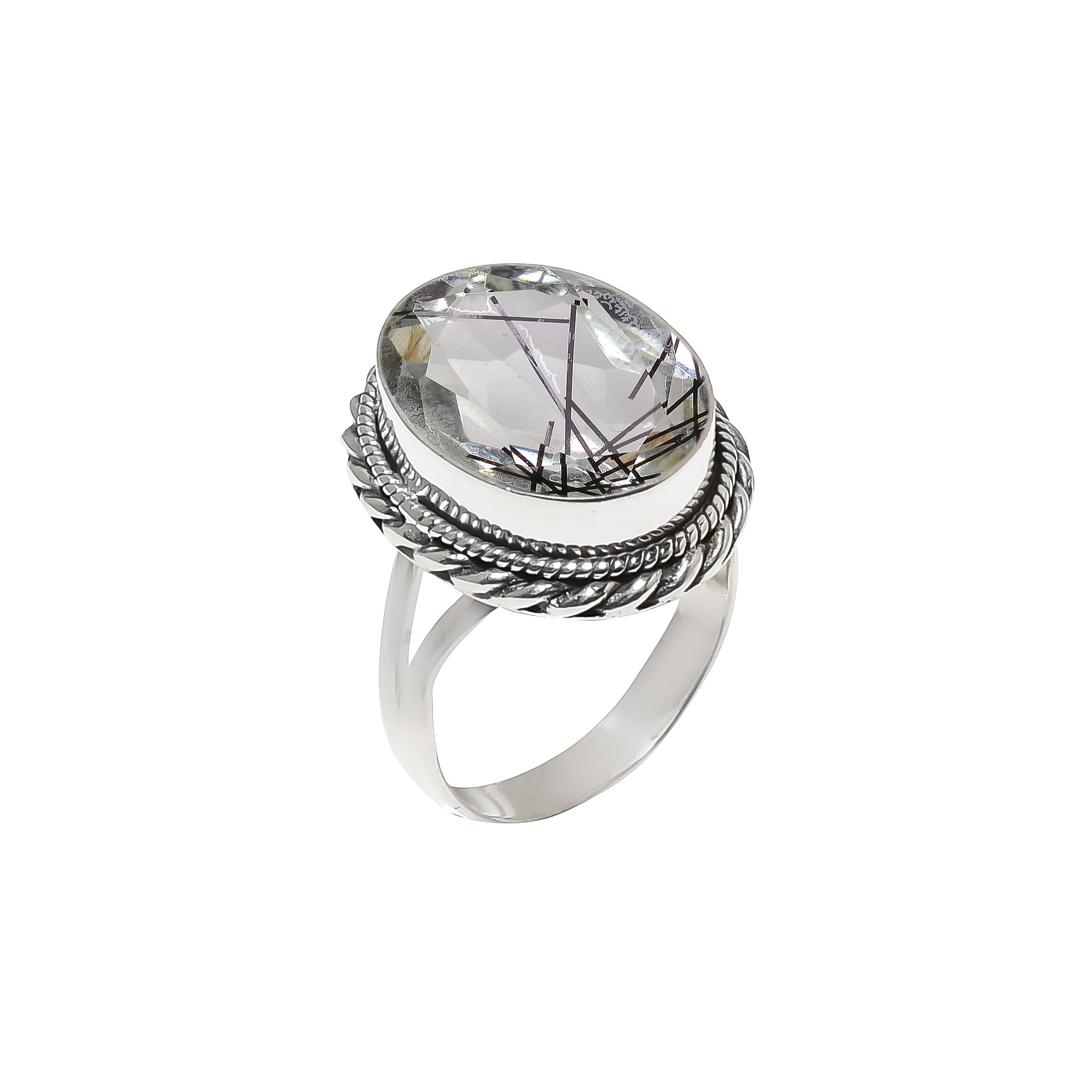 Black Rutilated Quartz - Simulated 925 Sterling Silver Ring