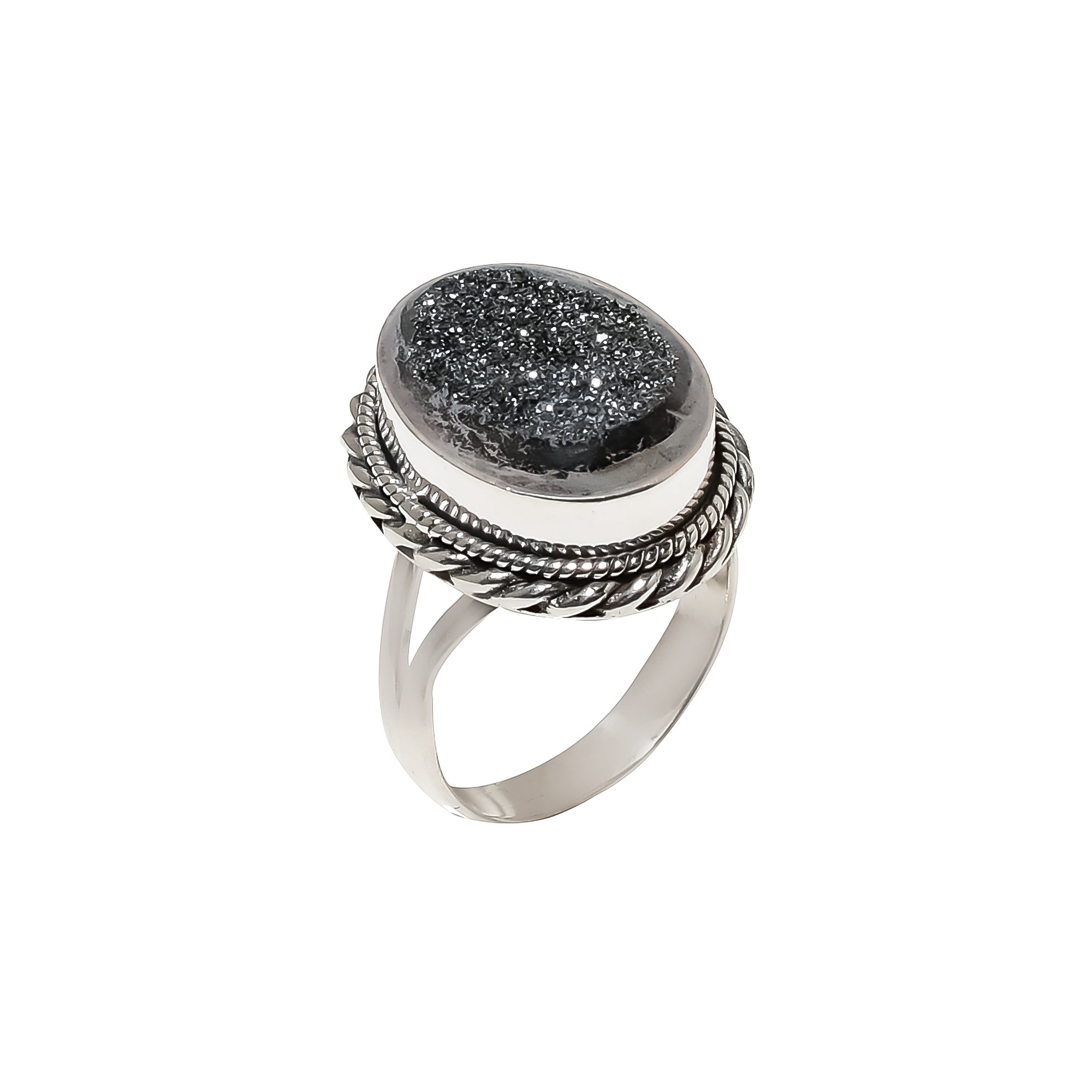Black Titanium Agate Drusy 925 Sterling Silver Ring