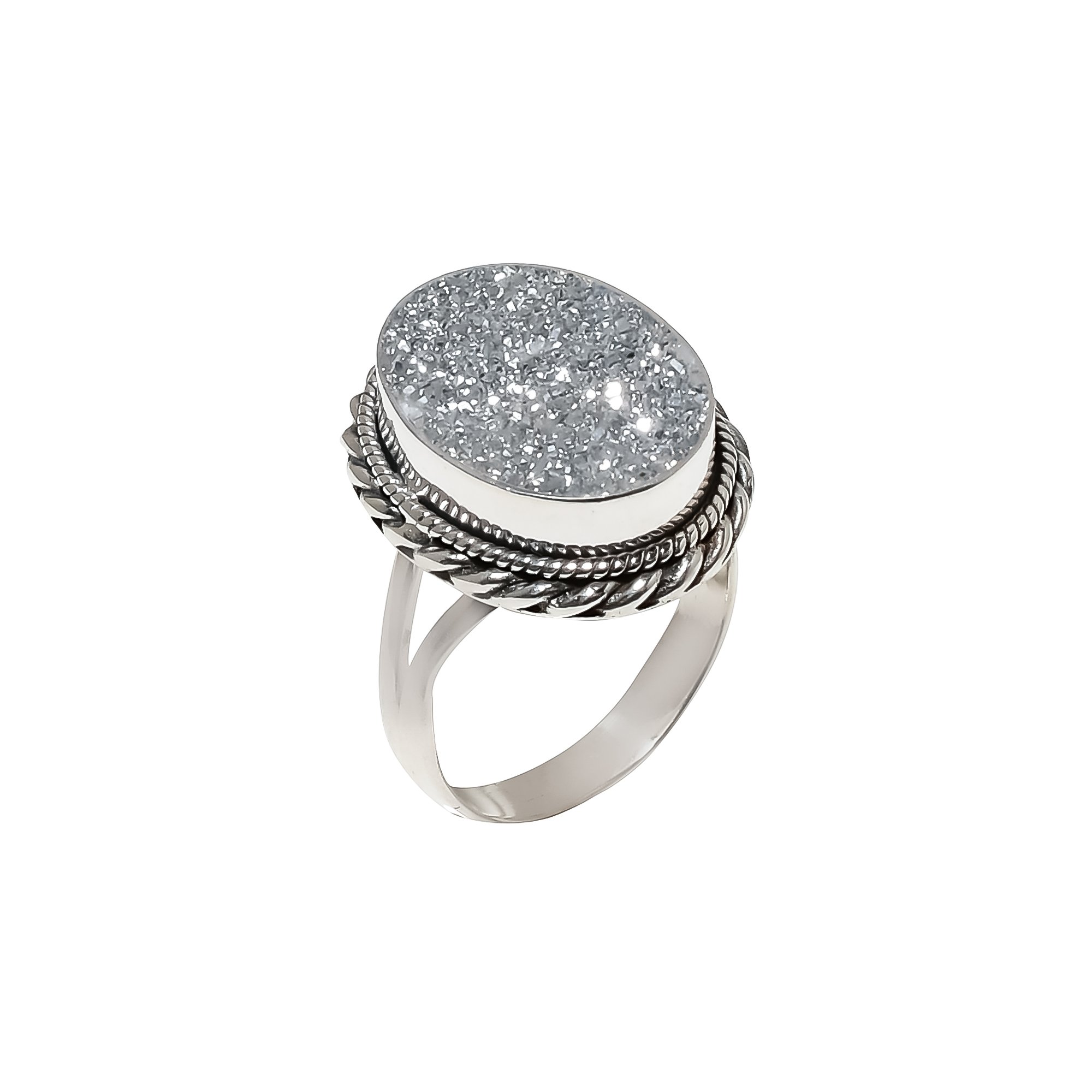 Silver Titanium Agate Drusy 925 Sterling Silver Ring