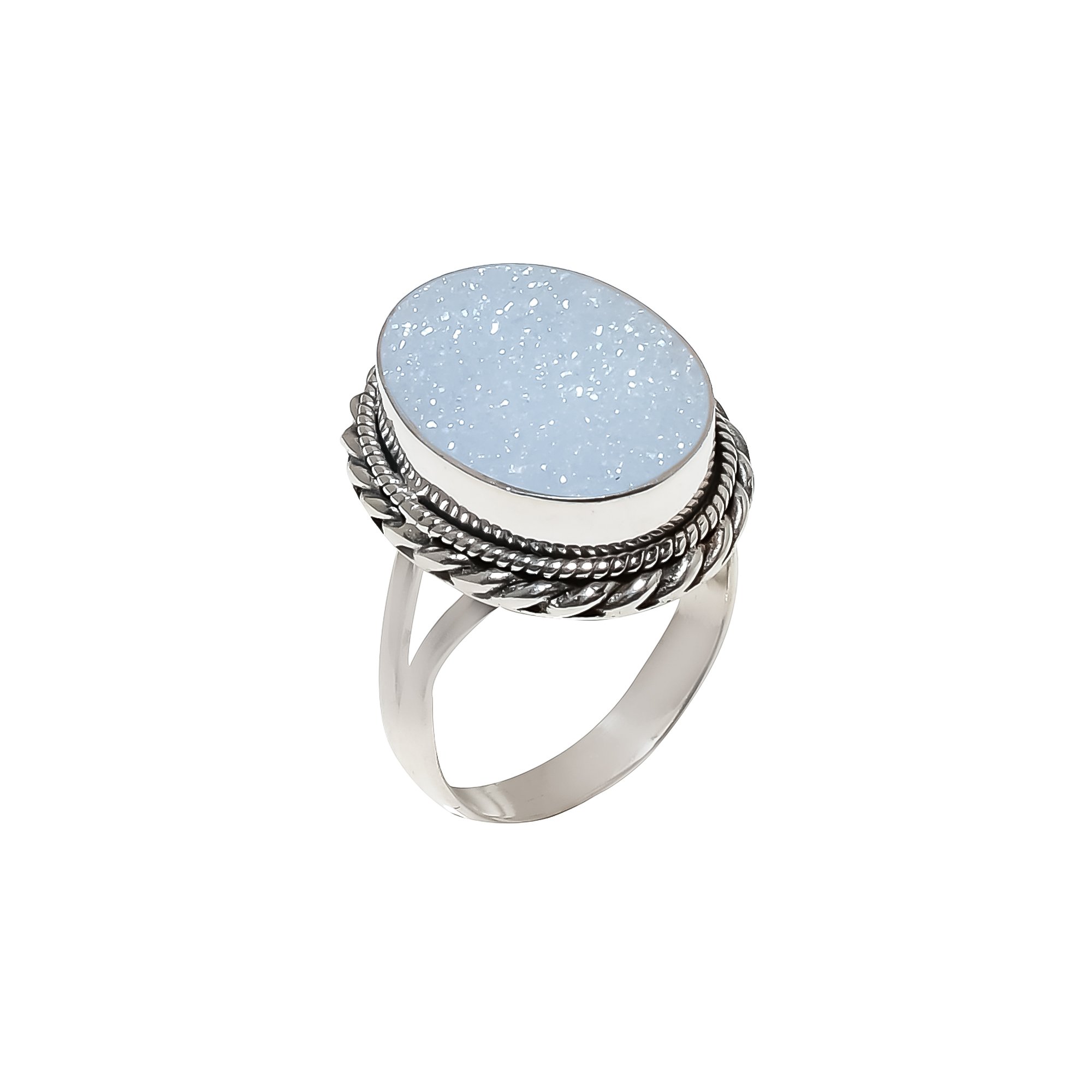 Snow White Titanium Agate Drusy 925 Sterling Silver Ring