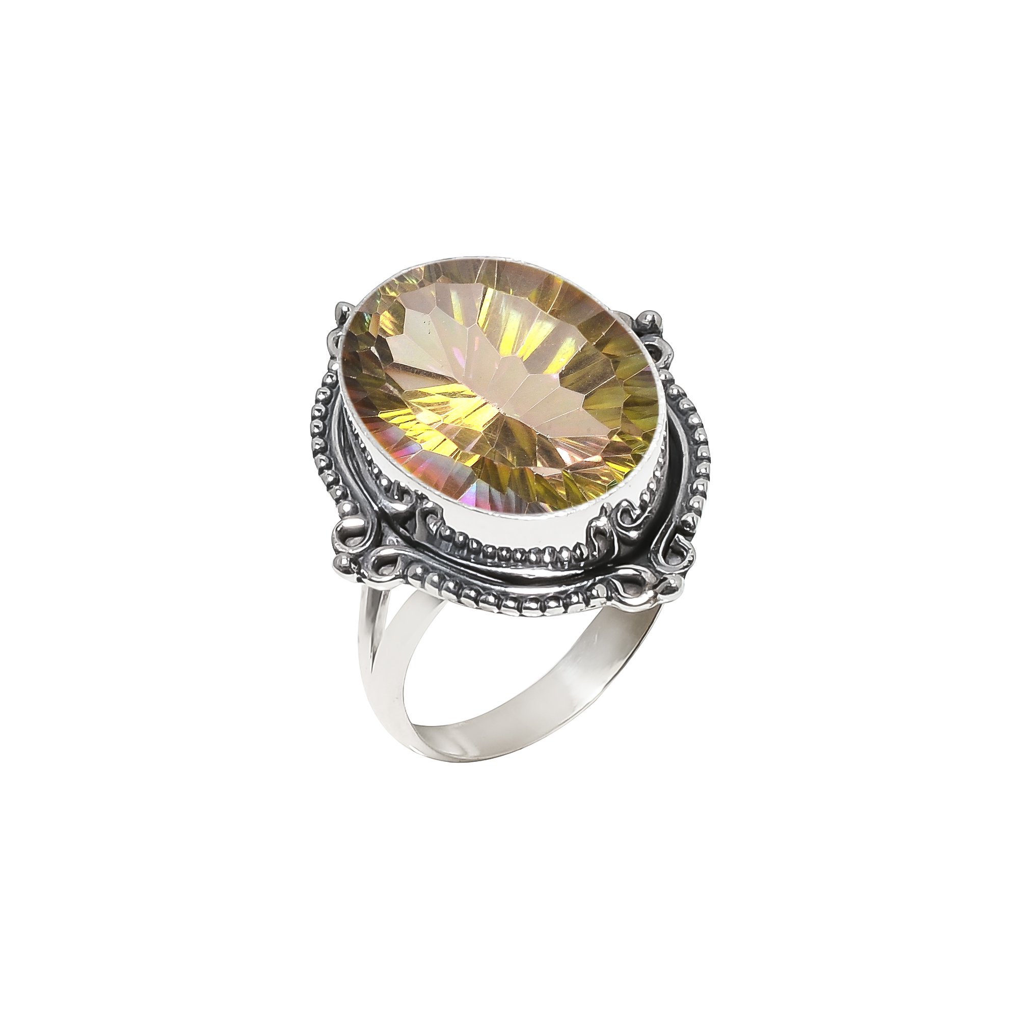 Golden Rainbow Mystic Fire Topaz - Simulated 925 Sterling Silver Ring
